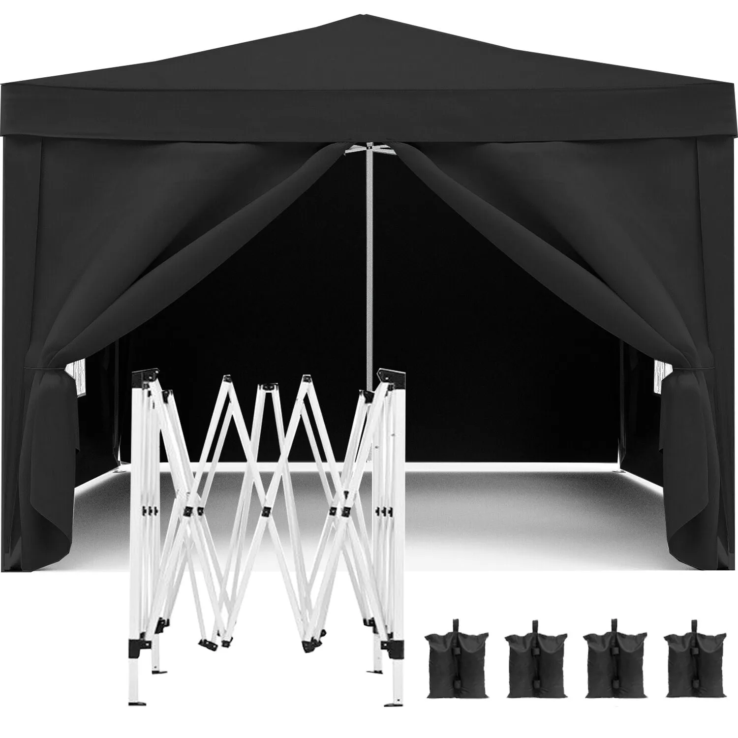 10'X10' Folding Canopy With 4 Removable Sidewalls Outdoor Event Shelter UPF 50  Gazebo Portable Tents For Parties Beach Camping Wedding Ez Pop Up Canopy 4 Pieces Weight Bag   Carry Bag