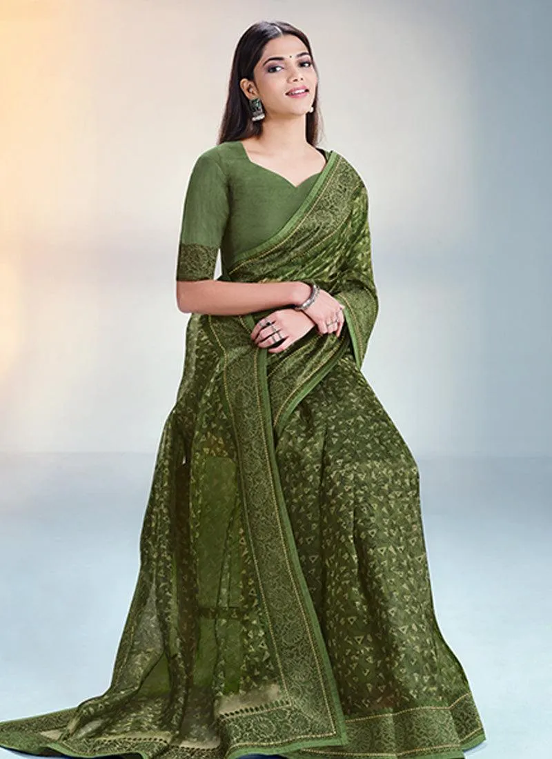 Abstract Pattern Green Silk Saree