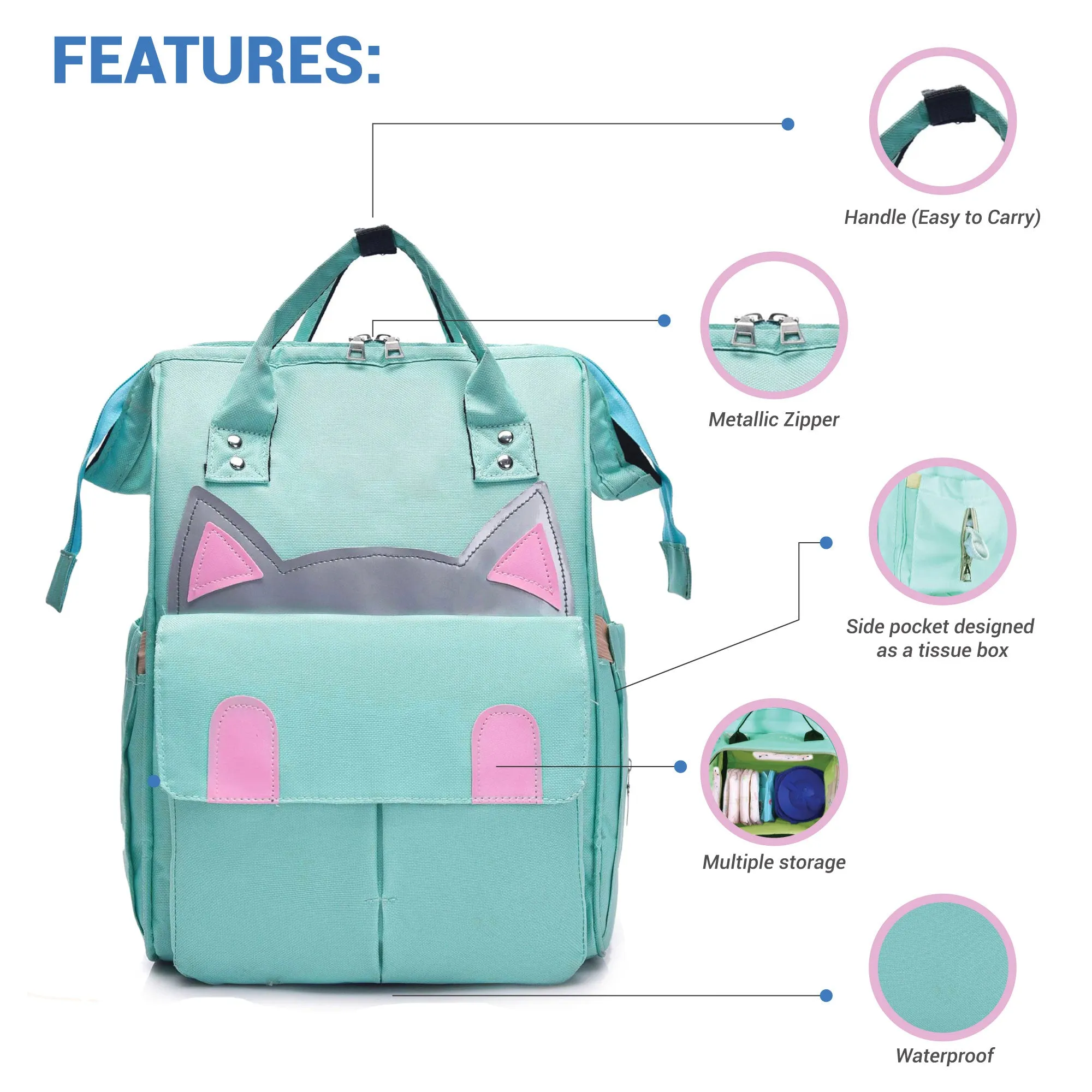 Babymoon Mother Diaper Bag Lightweight Multifunctional Travel Unisex Diaper Backpack | Green Kitty