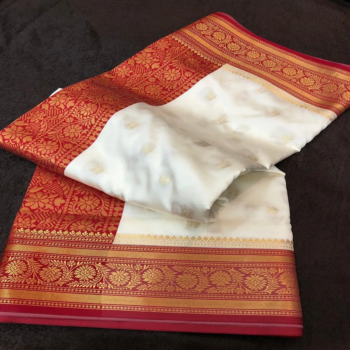 Banarasi Silk Red And Cream Golden Saree for Durgapooja