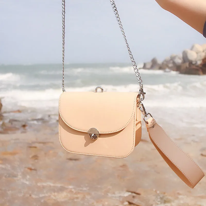 Beige Leather Women Small Handbag Chain Shoulder Bag For Women