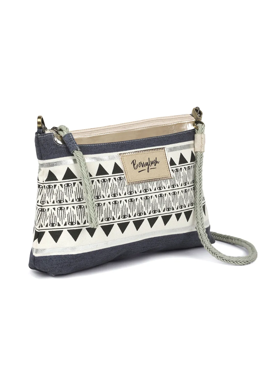 Berrylush Women Blue & White Ethnic Motif Printed Canvas Detachable Sling Strap Small Clutch/Sling Bag