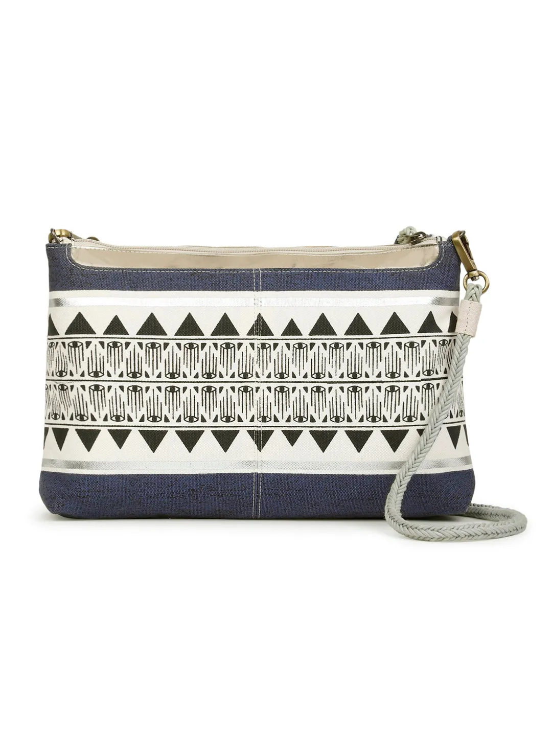 Berrylush Women Blue & White Ethnic Motif Printed Canvas Detachable Sling Strap Small Clutch/Sling Bag