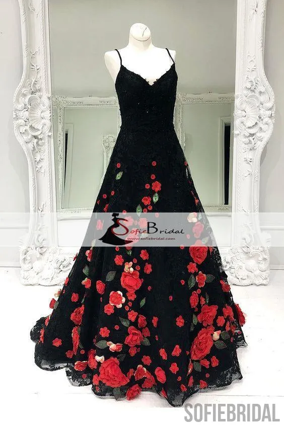 Black Lace Handmade Flowers Prom Dresses, A-line Prom Dresses, Lovely Prom Dresses, PD0464