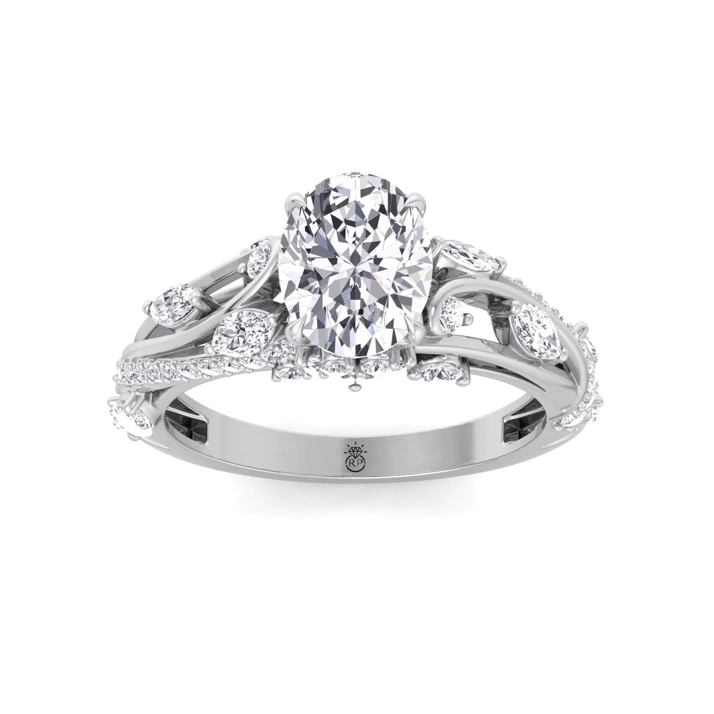 Bruna - Oval Cut Engagement Ring with Marquise and Round Sidestones