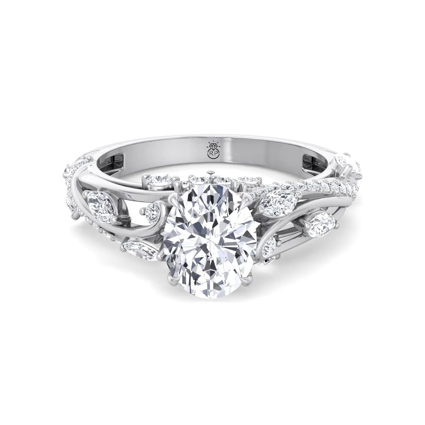 Bruna - Oval Cut Engagement Ring with Marquise and Round Sidestones