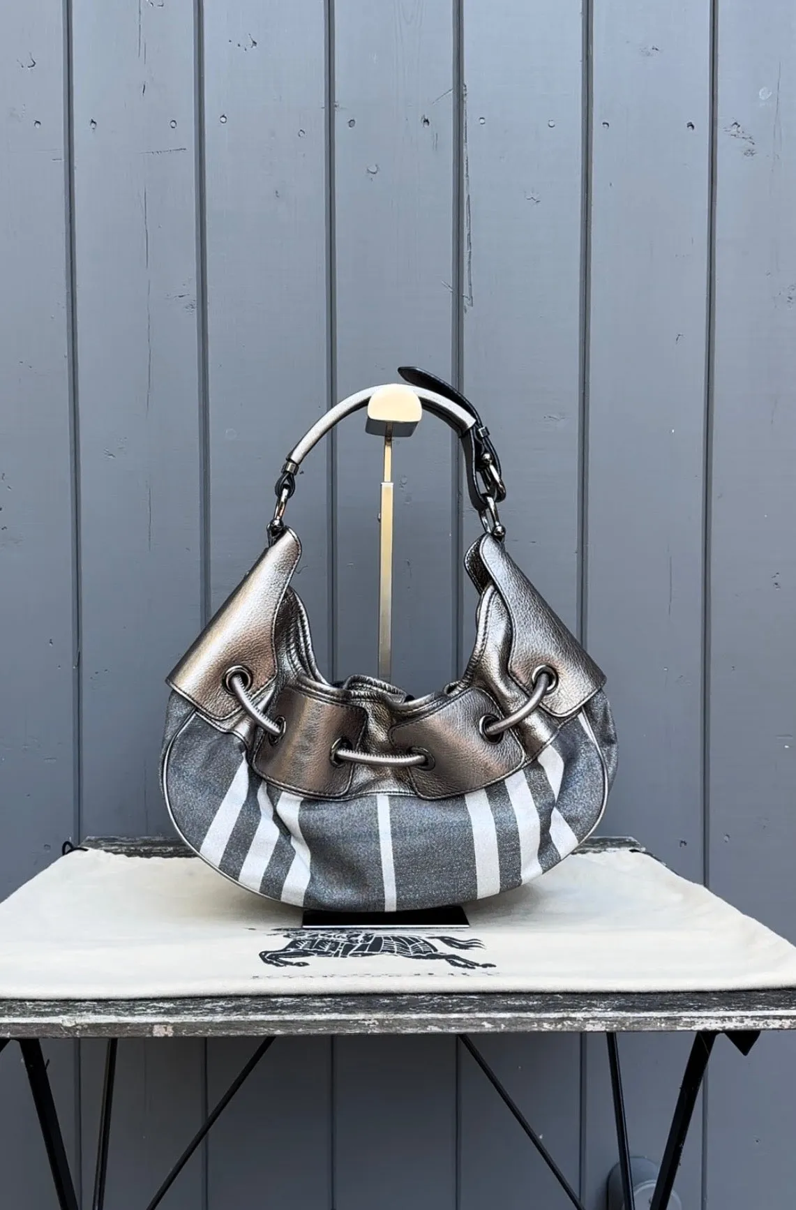 BURBERRY Vintage Canvas Leather Warrior Drawstring Hobo Shoulder Bag