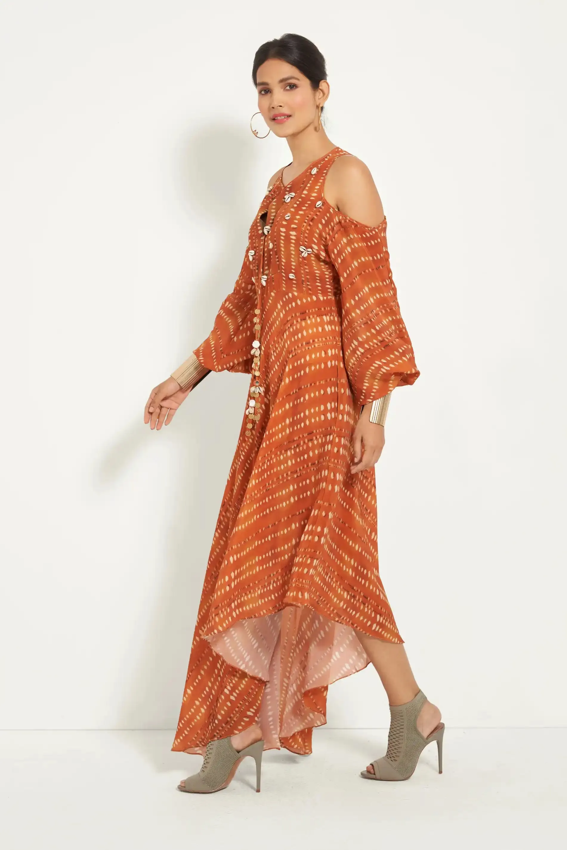 Burnt Orange Cold Shoulder Dress