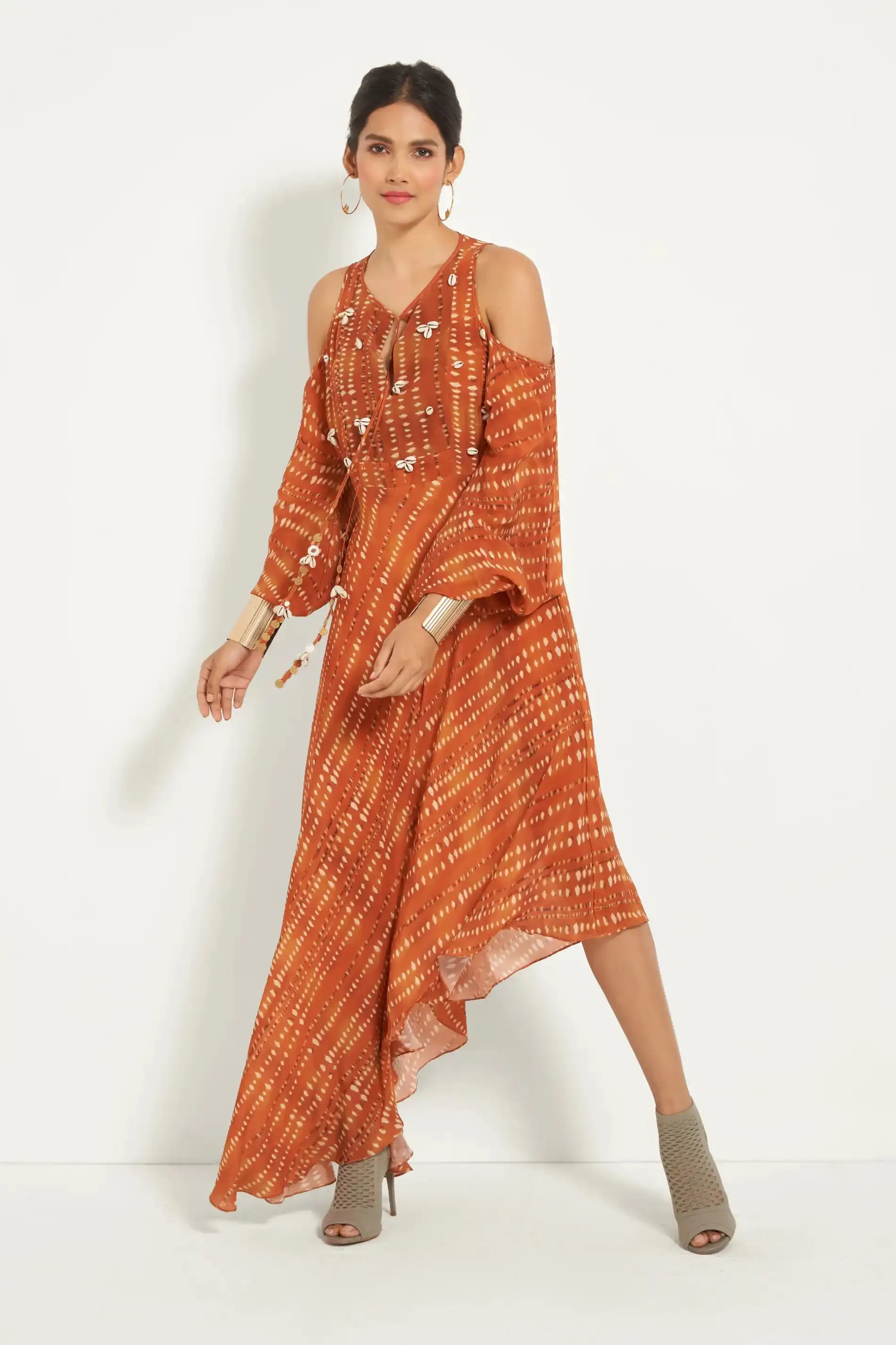 Burnt Orange Cold Shoulder Dress