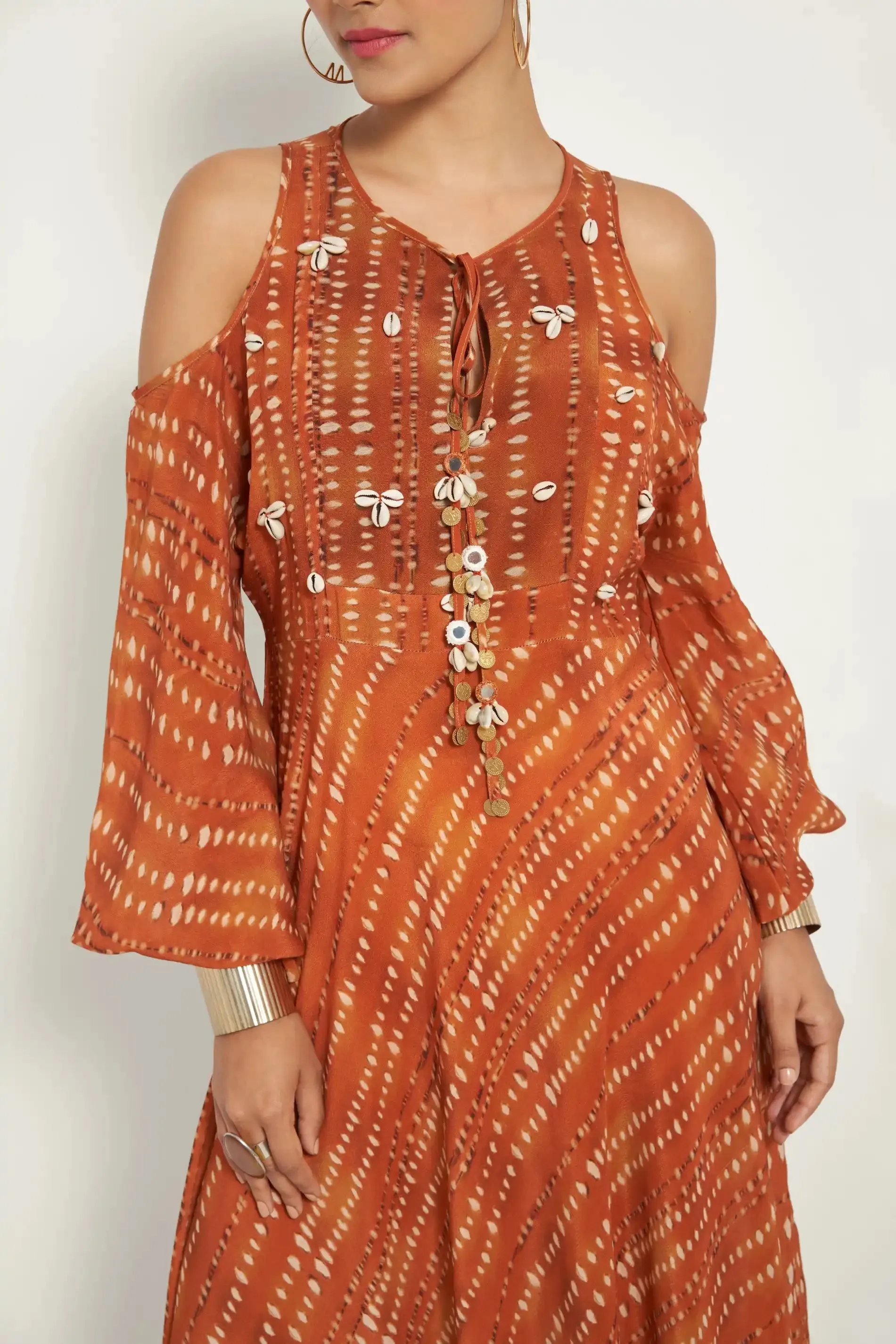 Burnt Orange Cold Shoulder Dress