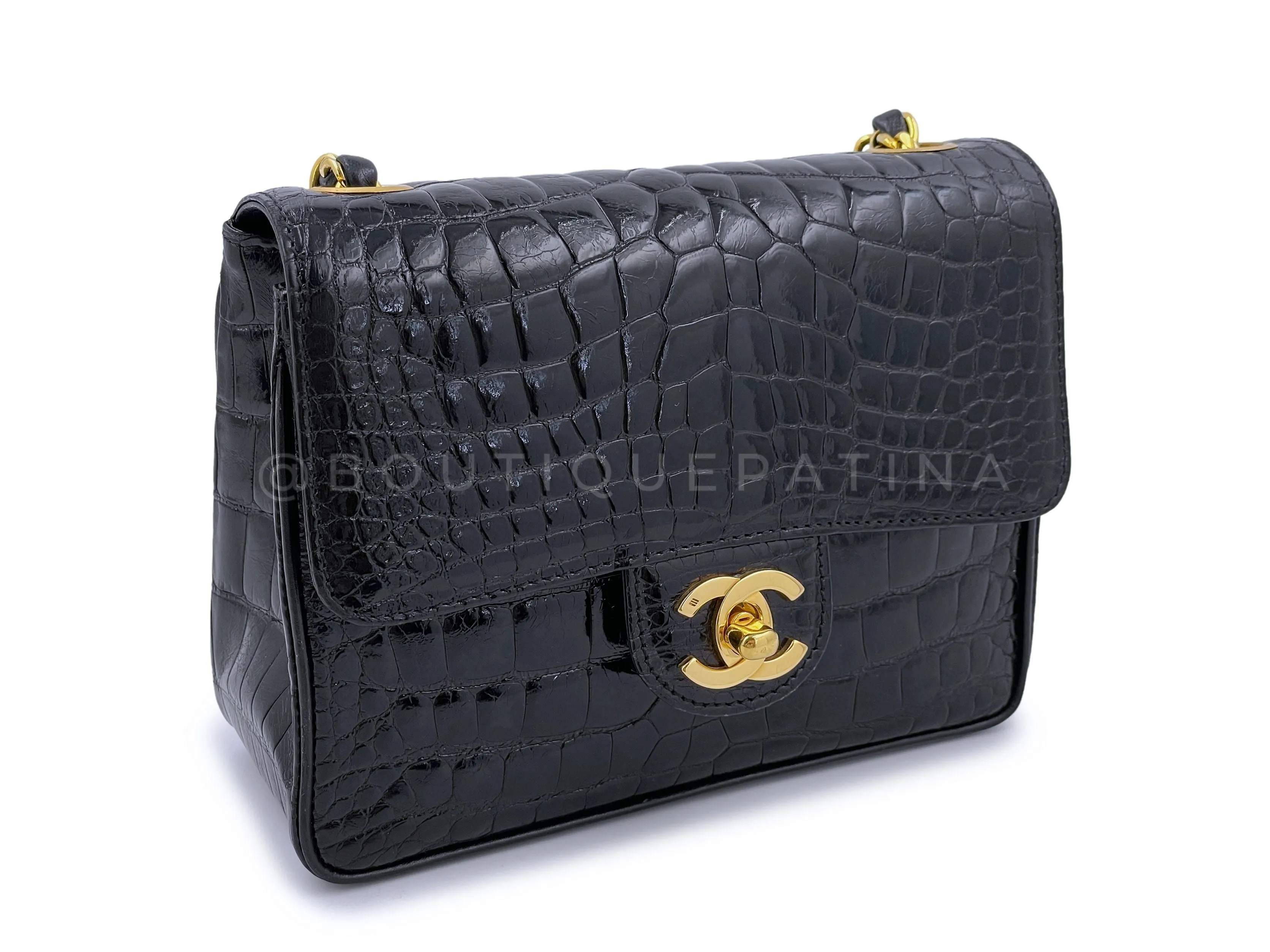 Chanel 1987 Vintage Black Alligator Crocodile Square Mini Flap Bag 24k GHW