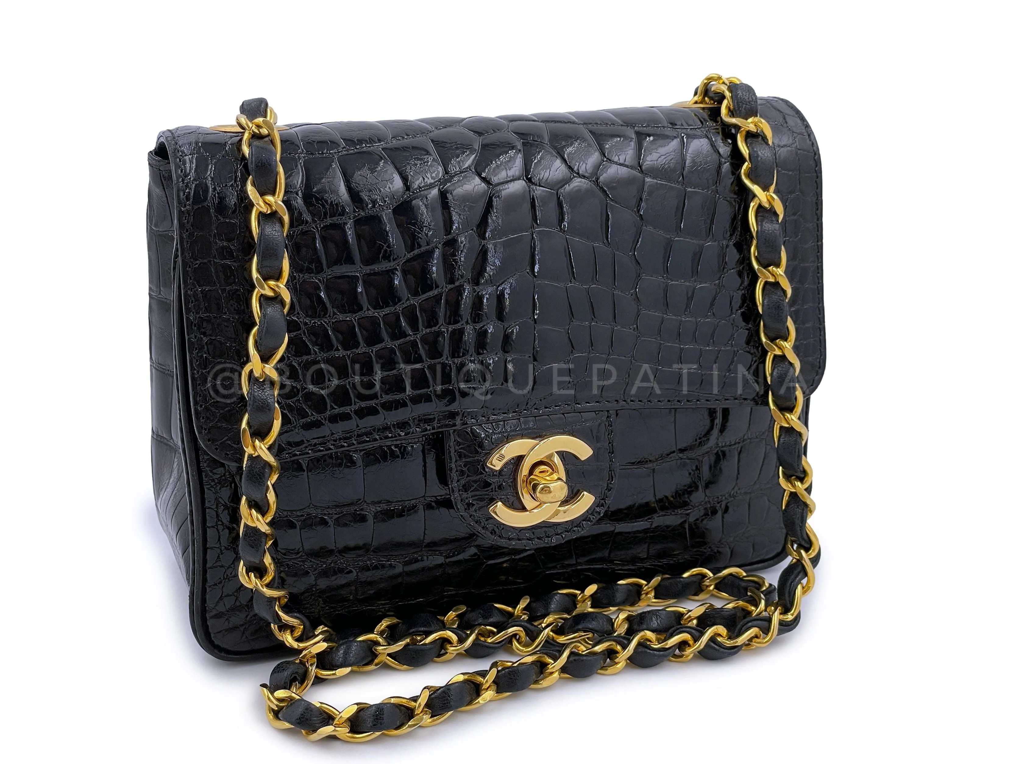 Chanel 1987 Vintage Black Alligator Crocodile Square Mini Flap Bag 24k GHW