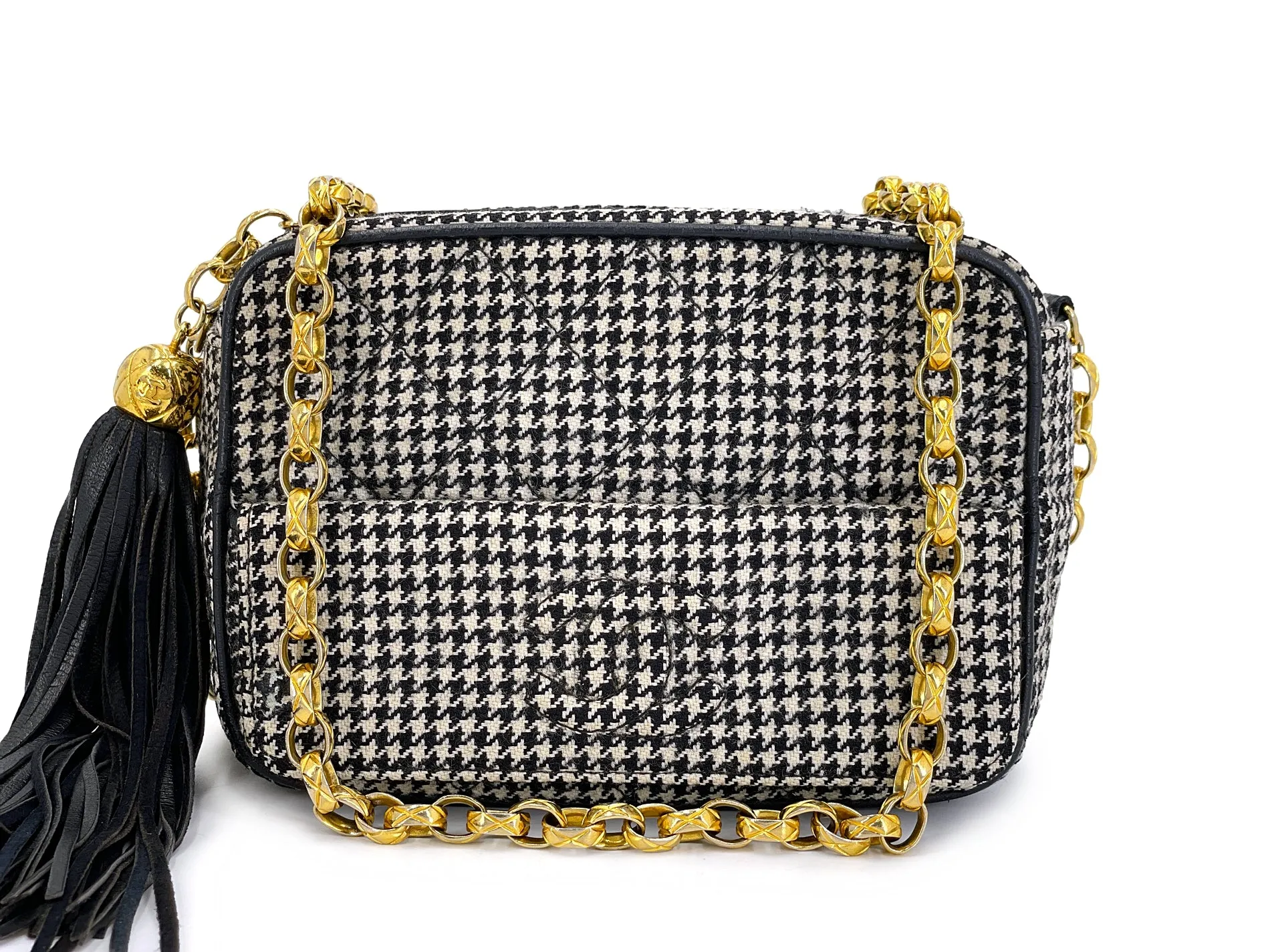 Chanel 1991 Vintage Mini Houndstooth Camera Bag 24k GHW Black White O9N