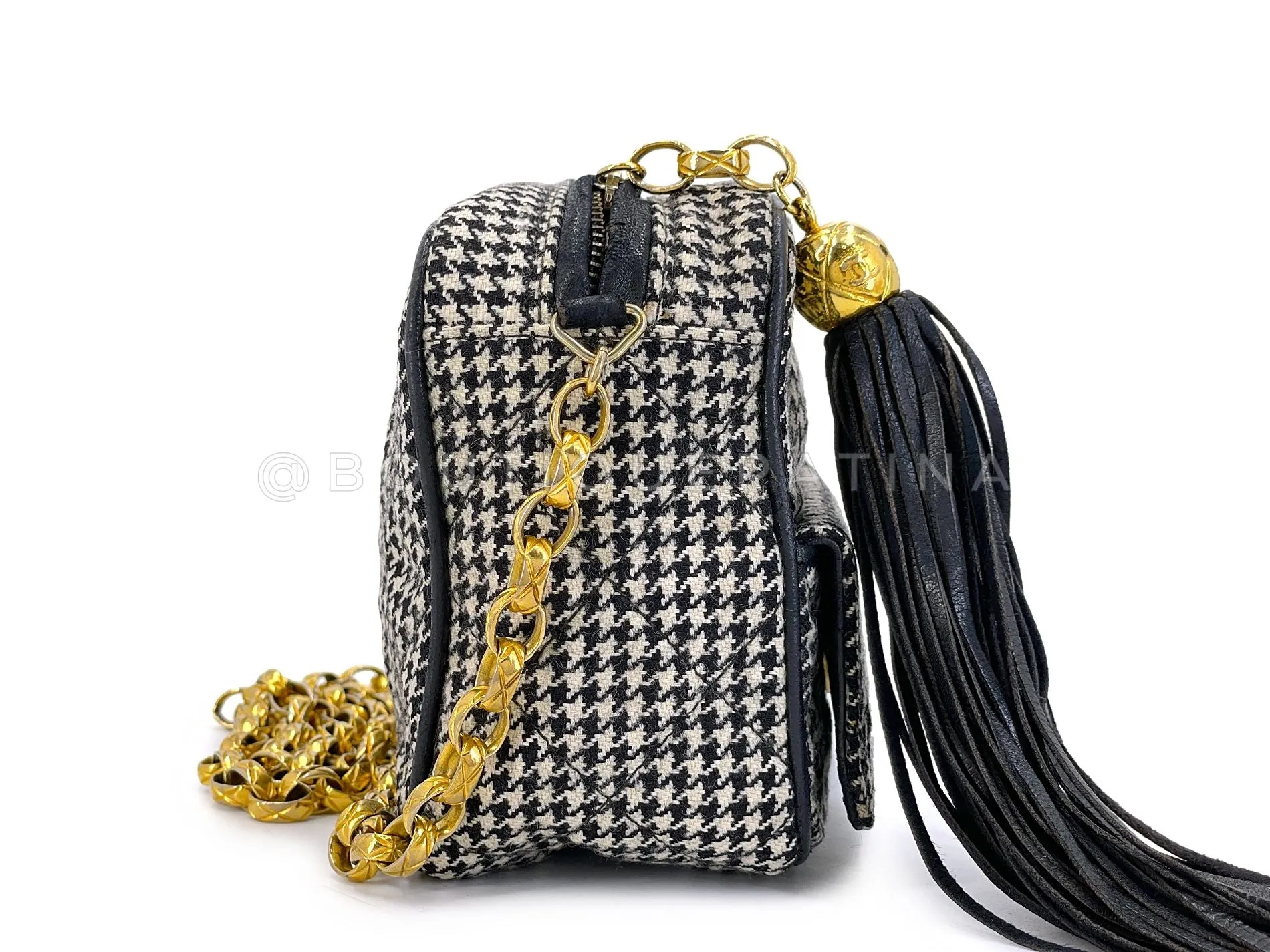 Chanel 1991 Vintage Mini Houndstooth Camera Bag 24k GHW Black White O9N