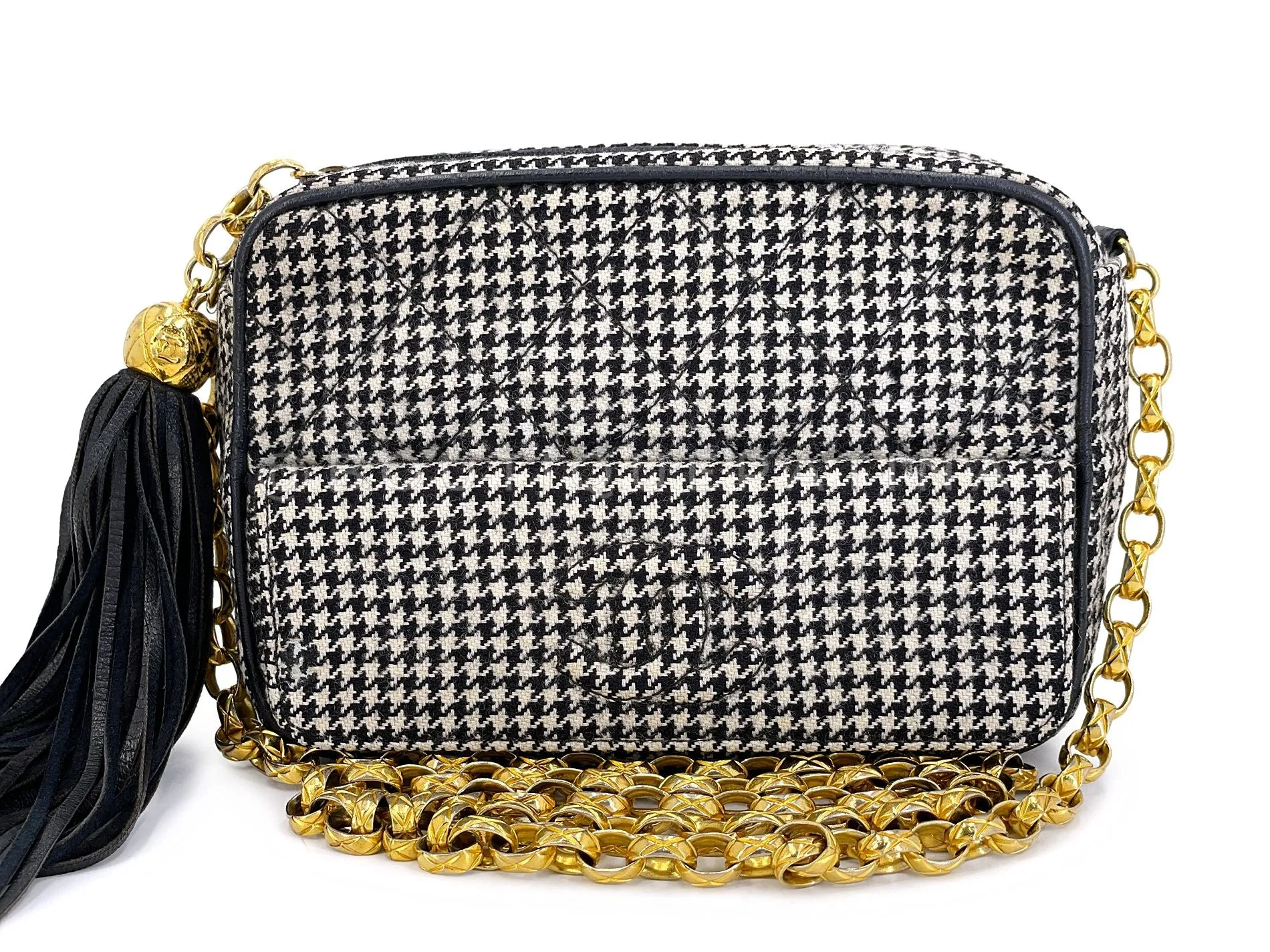 Chanel 1991 Vintage Mini Houndstooth Camera Bag 24k GHW Black White O9N