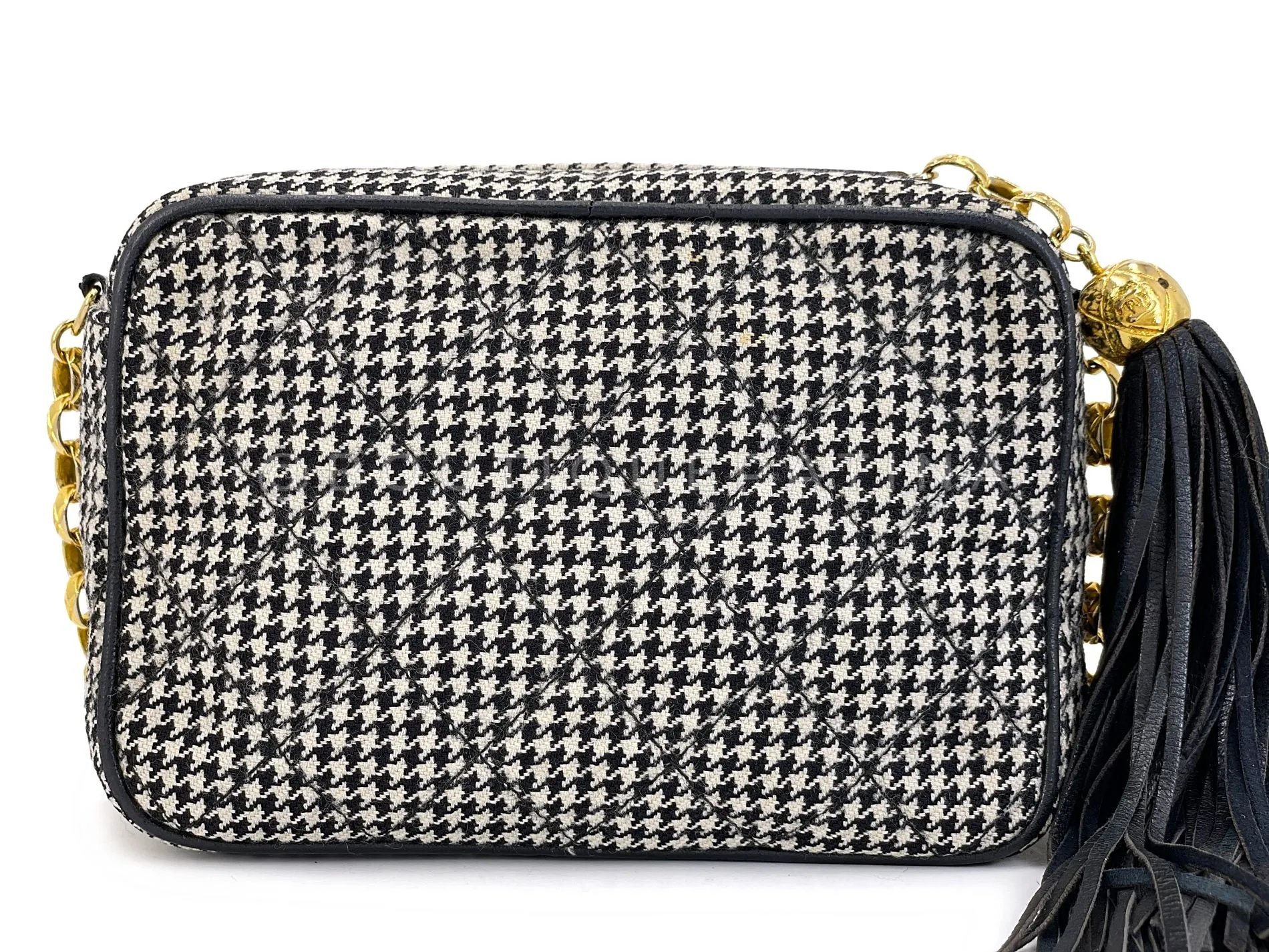 Chanel 1991 Vintage Mini Houndstooth Camera Bag 24k GHW Black White O9N