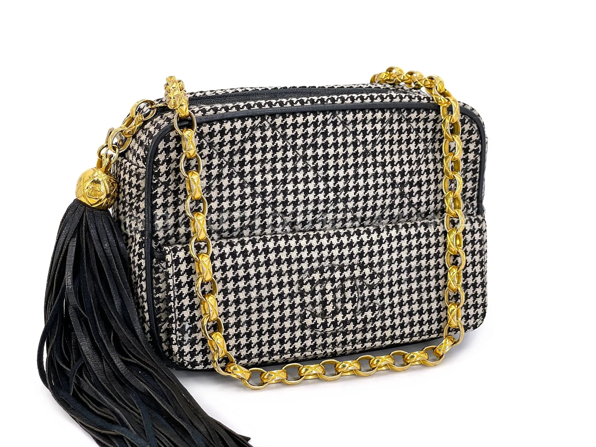 Chanel 1991 Vintage Mini Houndstooth Camera Bag 24k GHW Black White O9N