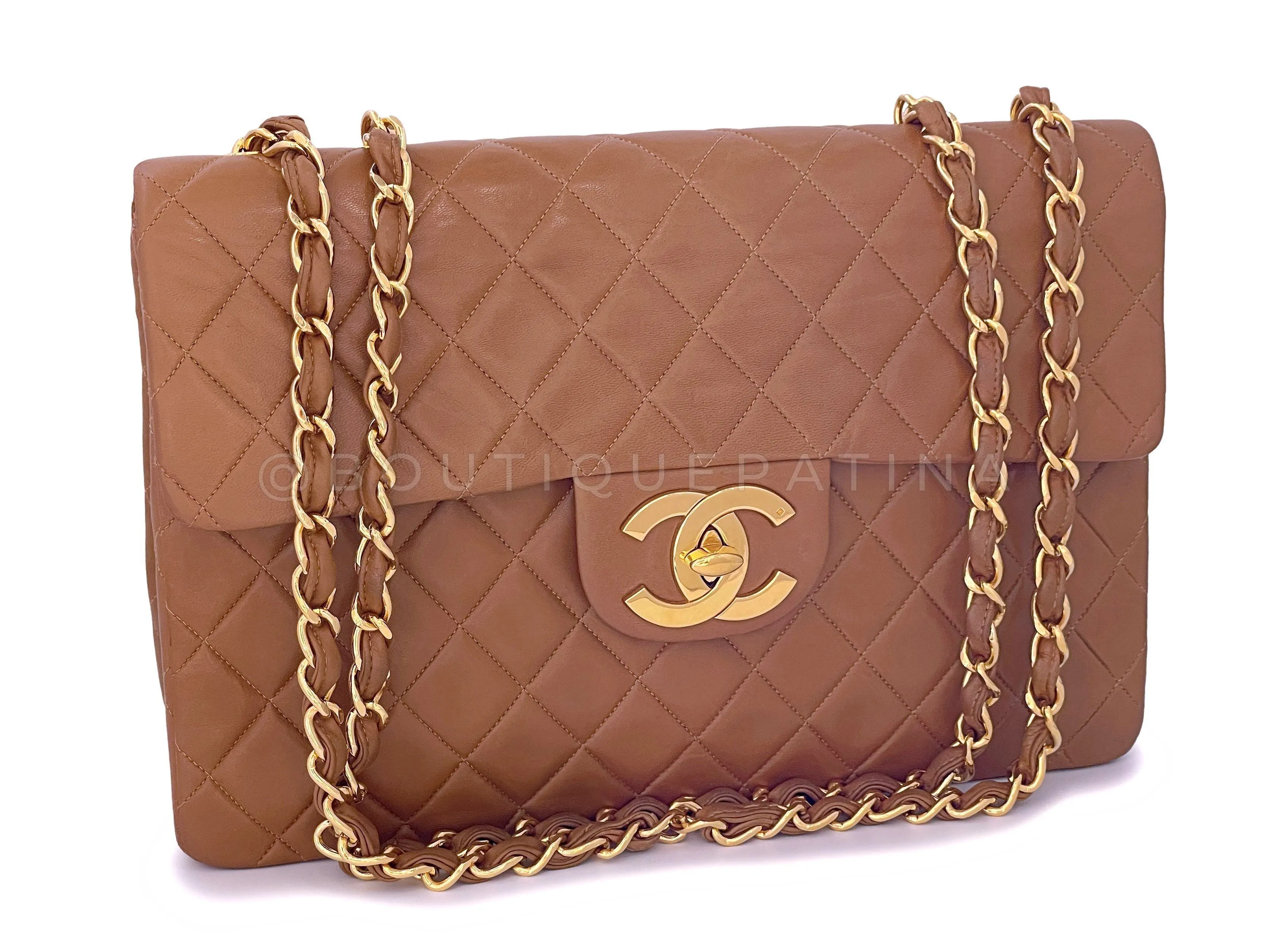 Chanel 1993 Vintage Caramel Beige-Brown Maxi "Jumbo XL" Classic Flap Bag 24k GHW