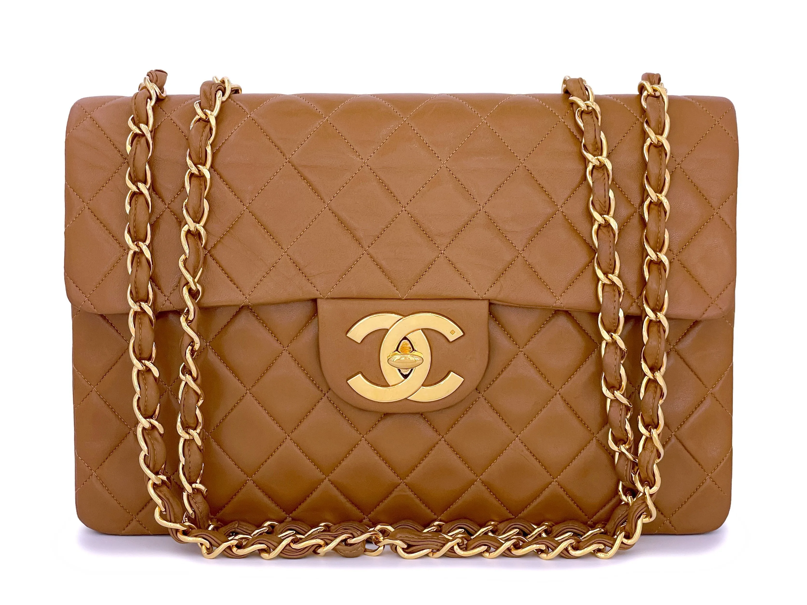 Chanel 1993 Vintage Caramel Beige-Brown Maxi "Jumbo XL" Classic Flap Bag 24k GHW