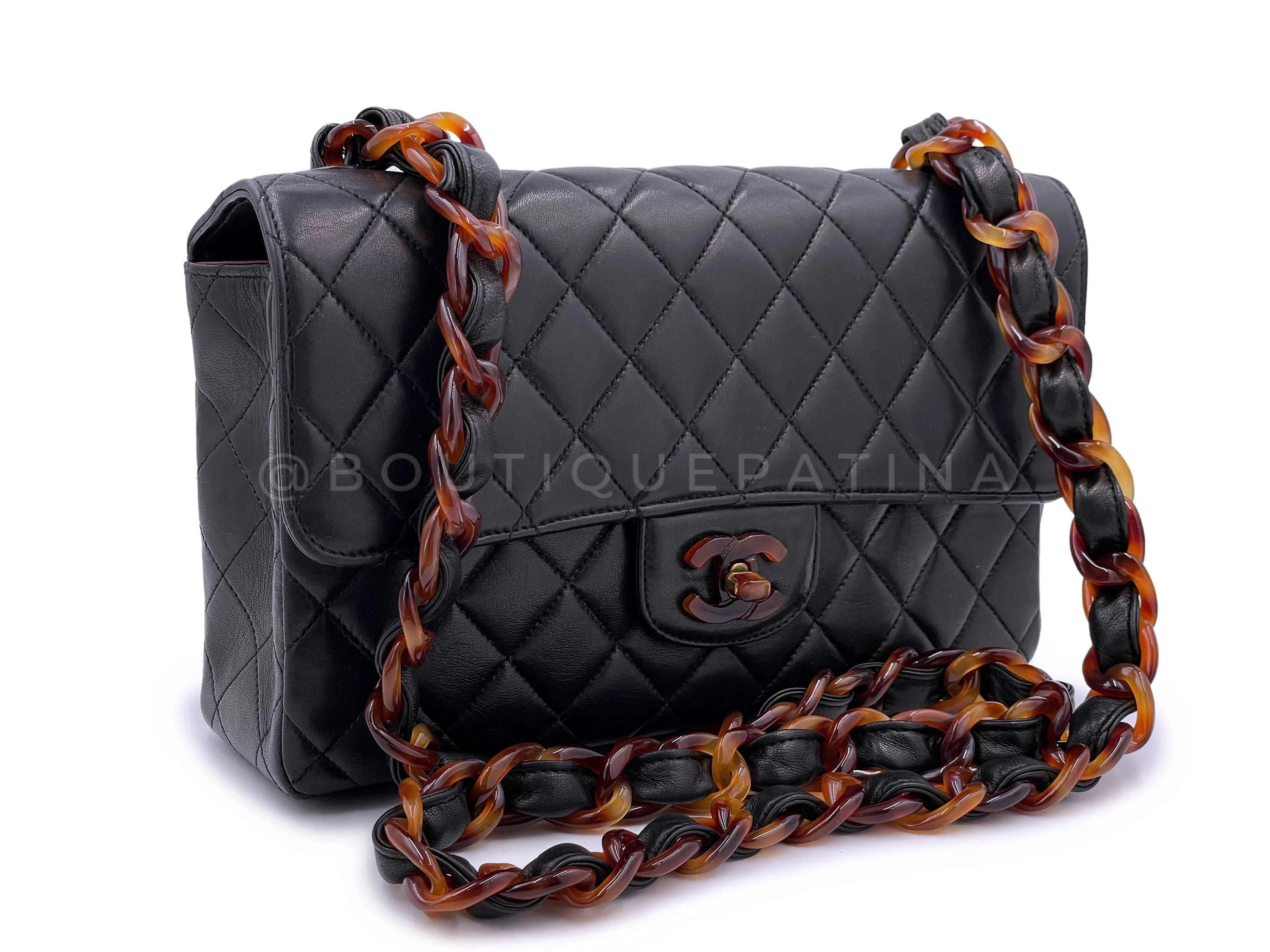 Chanel 1994 Vintage Black Tortoise Resin Medium Classic Flap Bag Lambskin