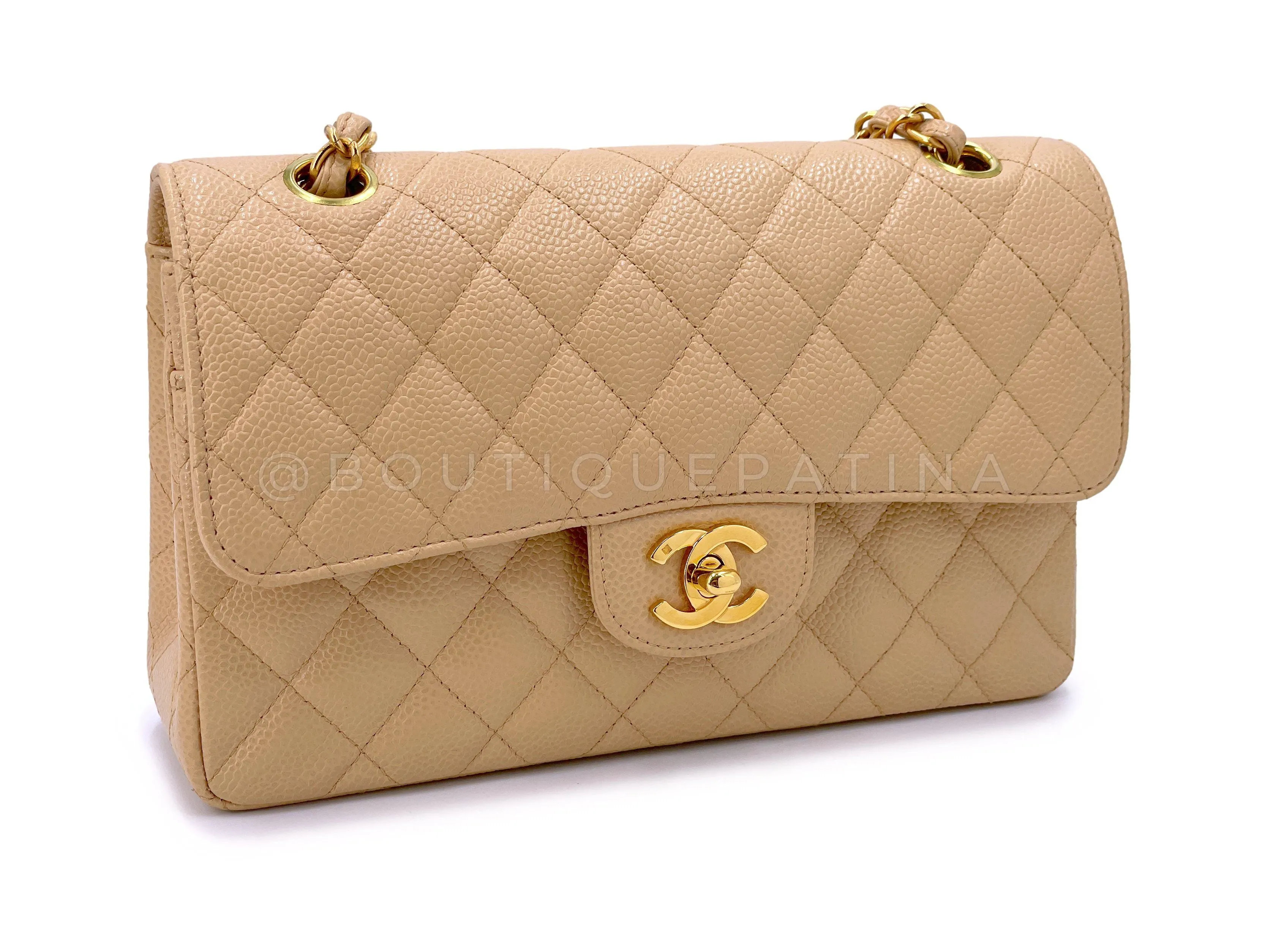 Chanel 1998 Vintage Beige Caviar Small Classic Double Flap Bag 24k GHW