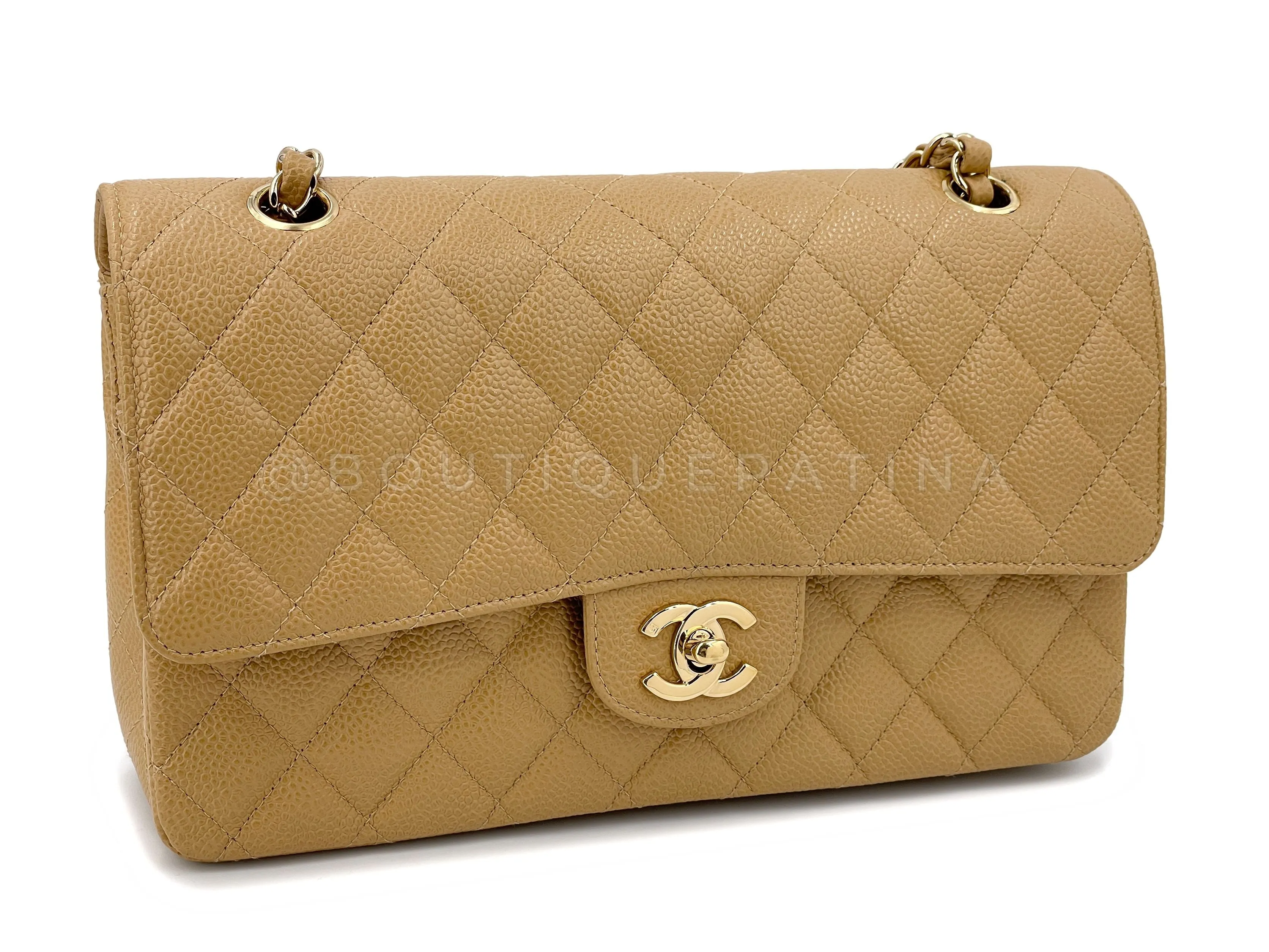 Chanel Beige Caviar Medium Flap Bag Vintage Caramel Classic Double 02A 24k GHW 85Q