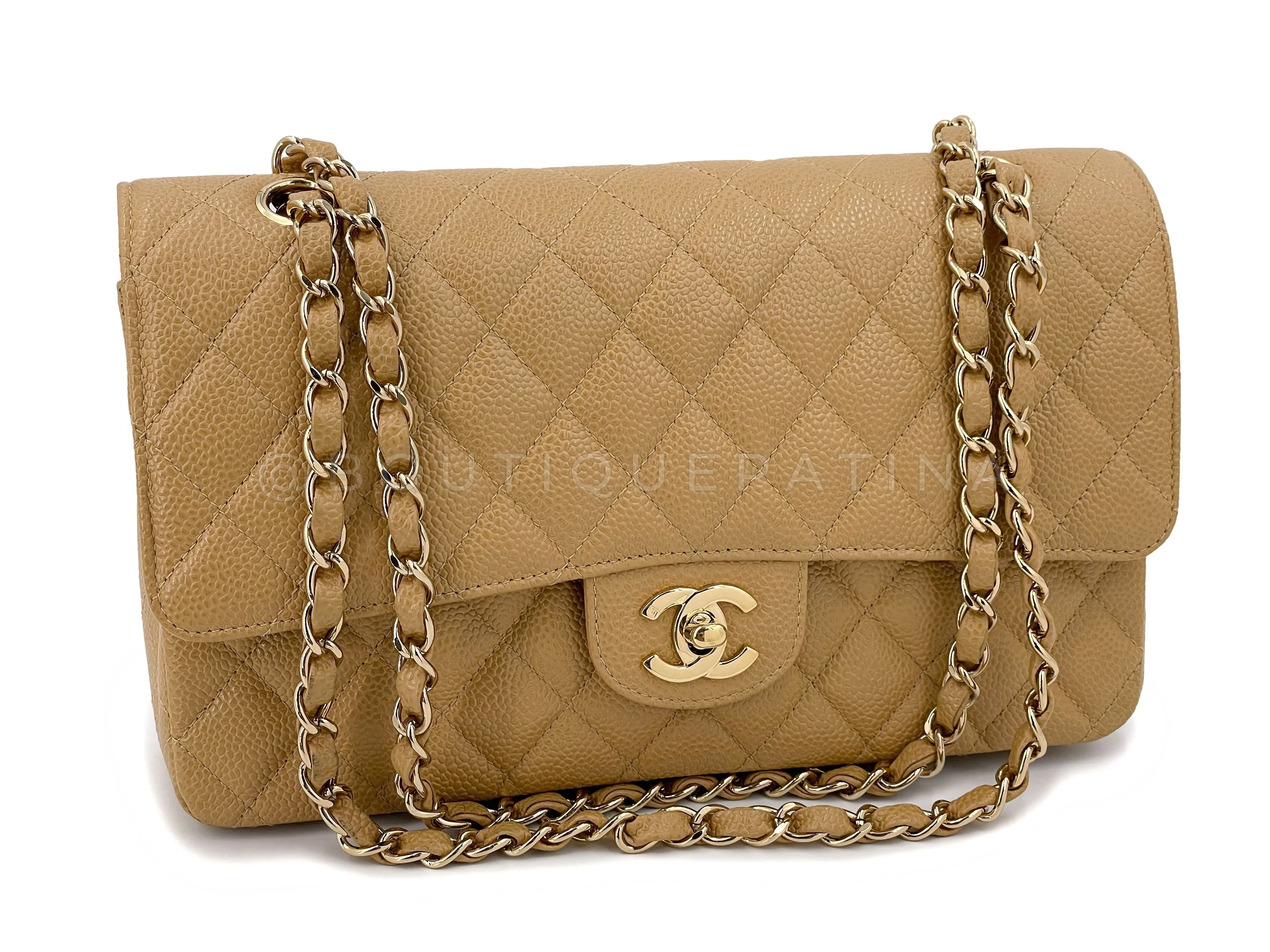 Chanel Beige Caviar Medium Flap Bag Vintage Caramel Classic Double 02A 24k GHW 85Q