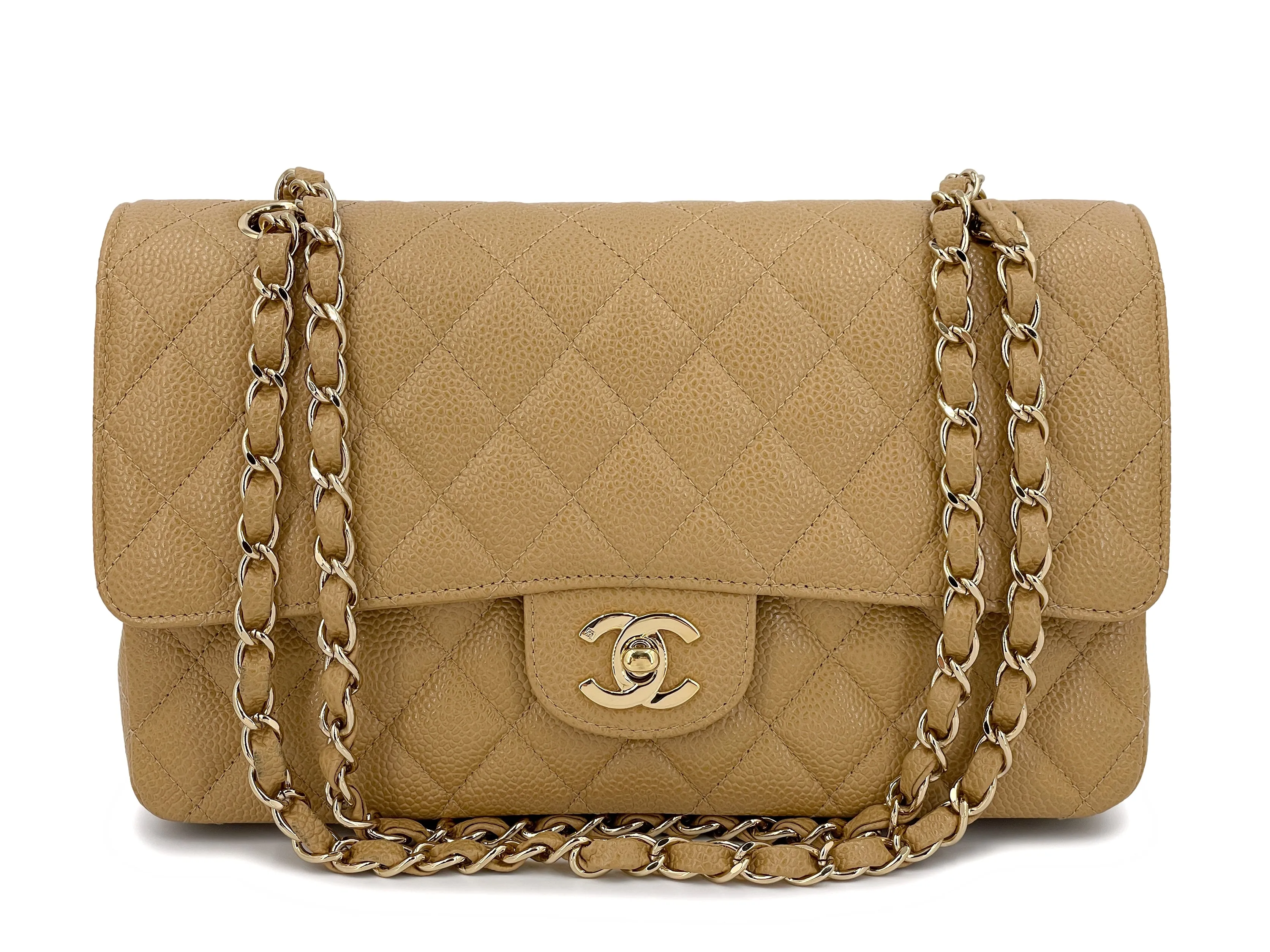 Chanel Beige Caviar Medium Flap Bag Vintage Caramel Classic Double 02A 24k GHW 85Q