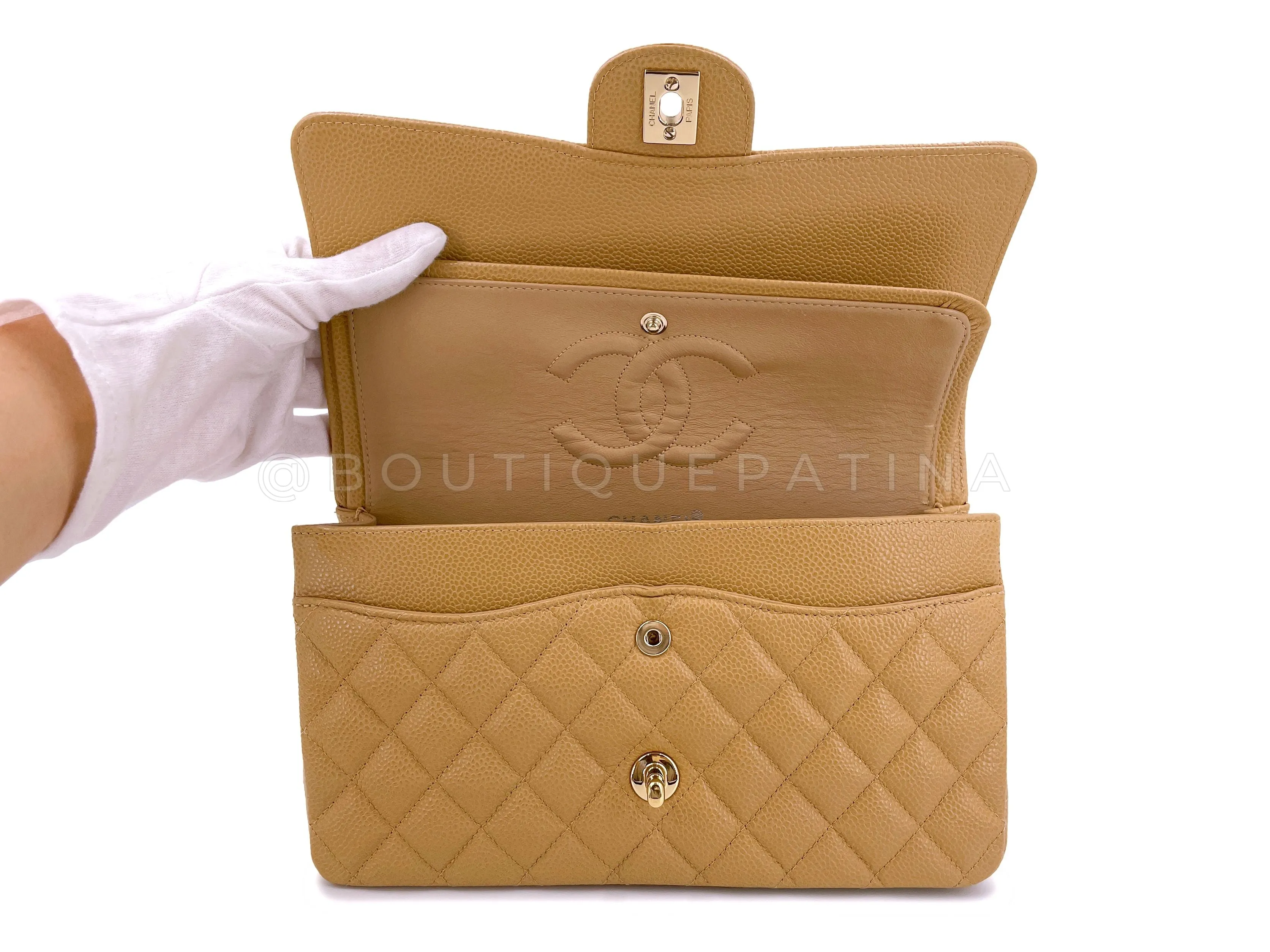 Chanel Beige Caviar Medium Flap Bag Vintage Caramel Classic Double 02A 24k GHW 85Q