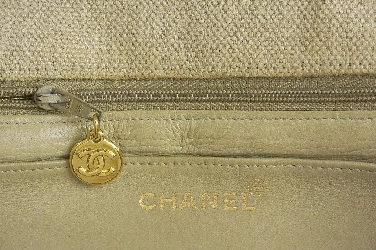 Chanel Beige Vintage Linen Canvas Jumbo Classic Flap Bag 24k GHW