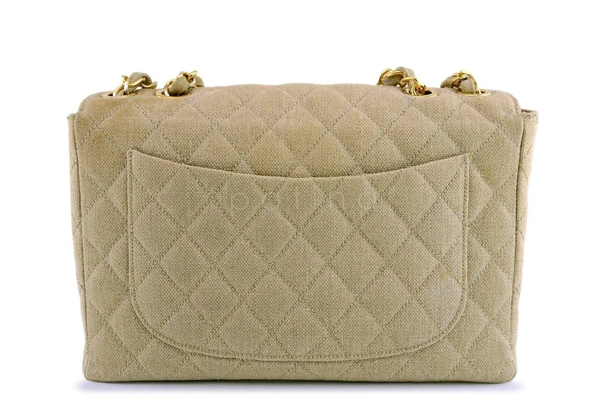 Chanel Beige Vintage Linen Canvas Jumbo Classic Flap Bag 24k GHW