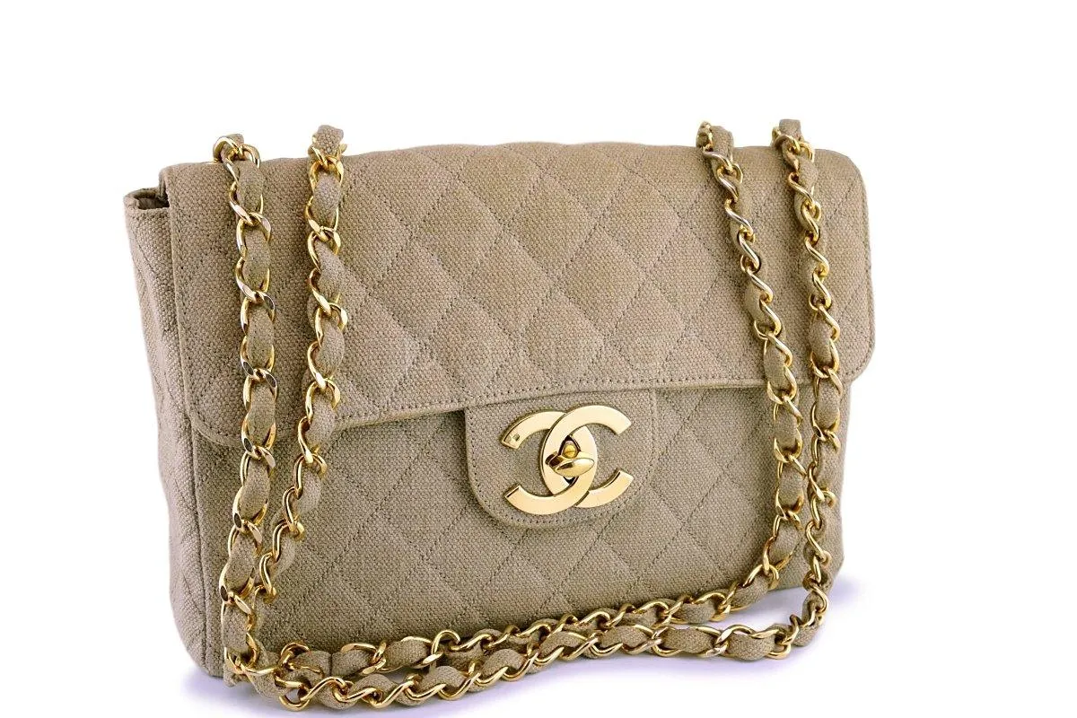 Chanel Beige Vintage Linen Canvas Jumbo Classic Flap Bag 24k GHW