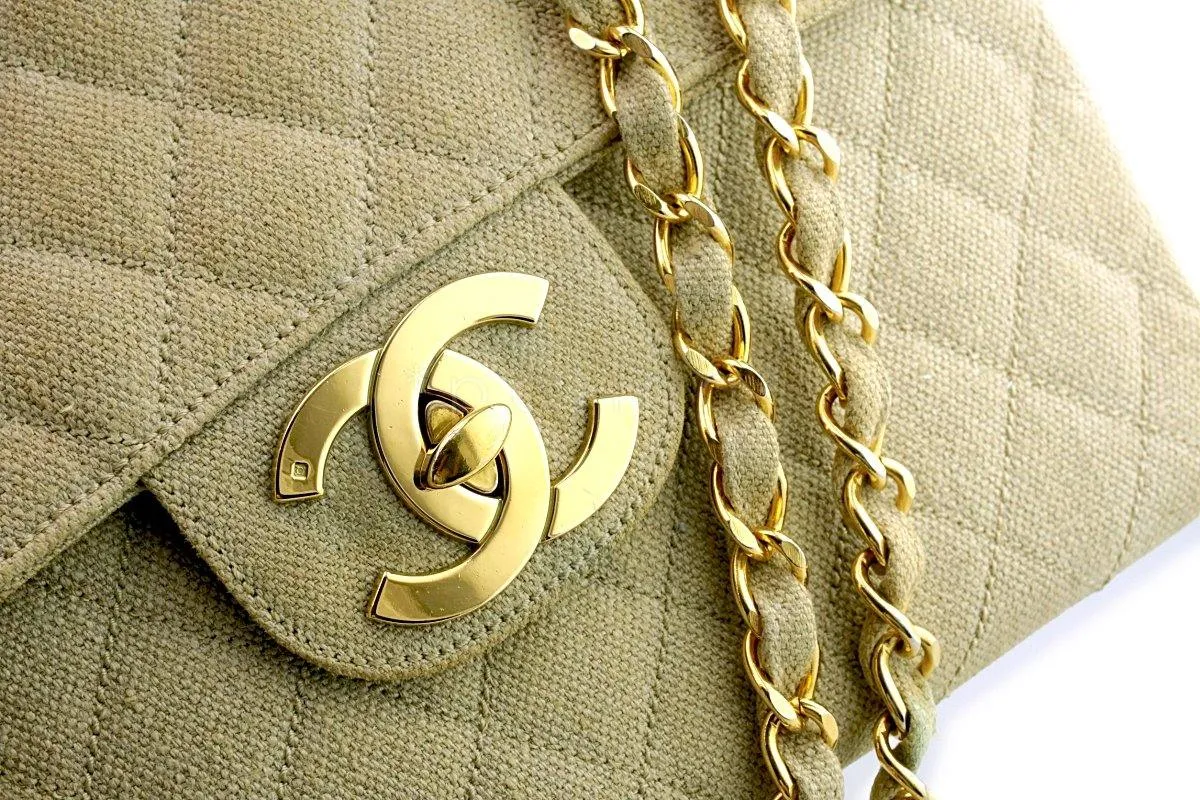 Chanel Beige Vintage Linen Canvas Jumbo Classic Flap Bag 24k GHW