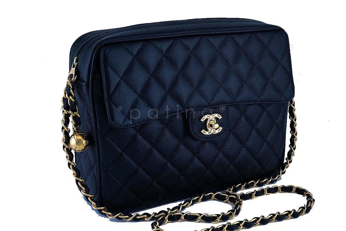 Chanel Black Caviar Classic Quilted Flap Camera Purse Bag