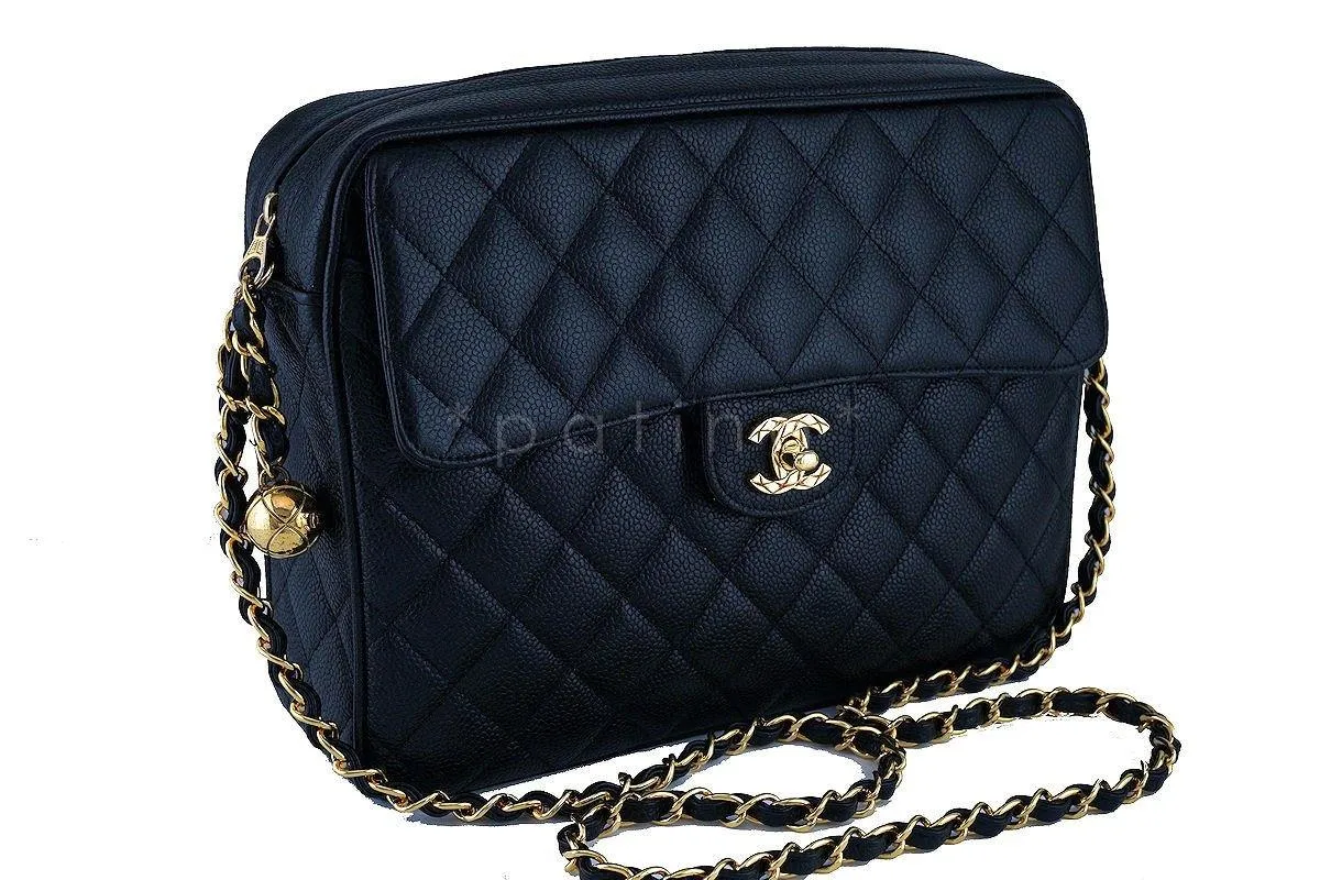 Chanel Black Caviar Classic Quilted Flap Camera Purse Bag