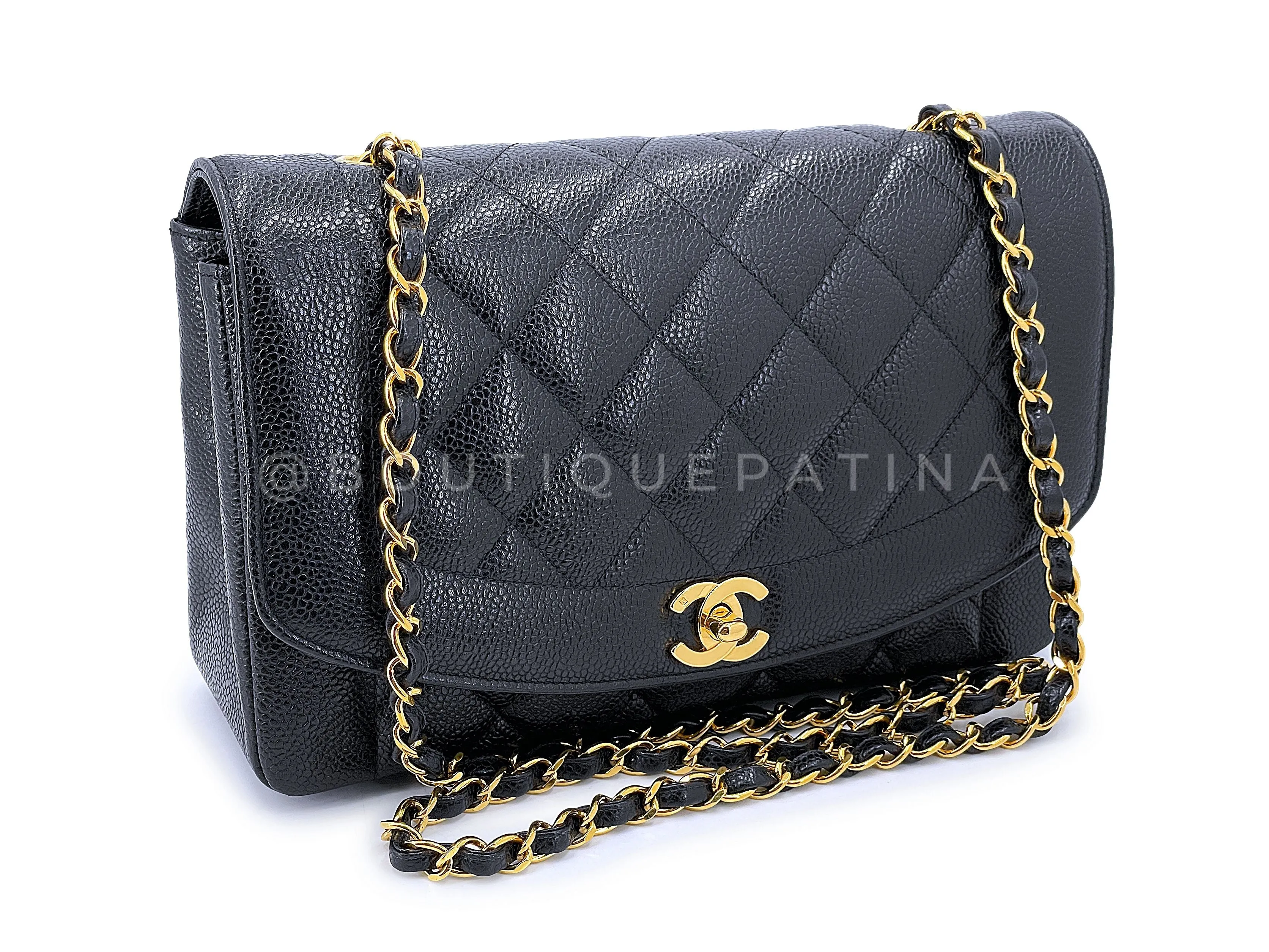 Chanel Black Caviar Diana Flap Bag 1993 Vintage Medium 24k GHW