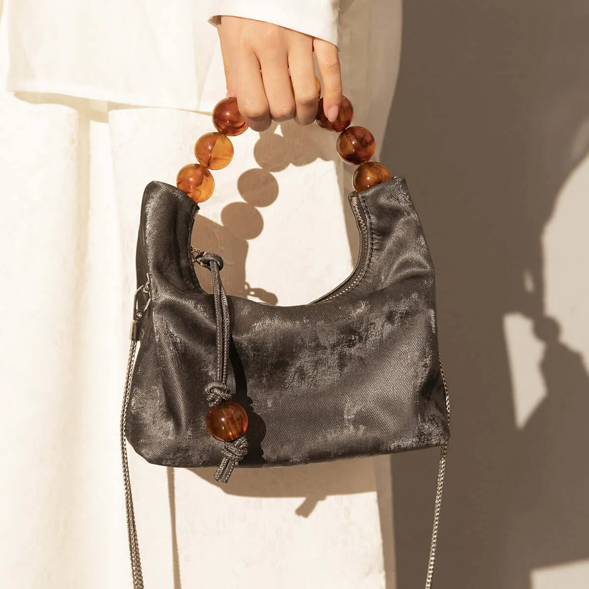 Charming Beaded Handle Leather Bag