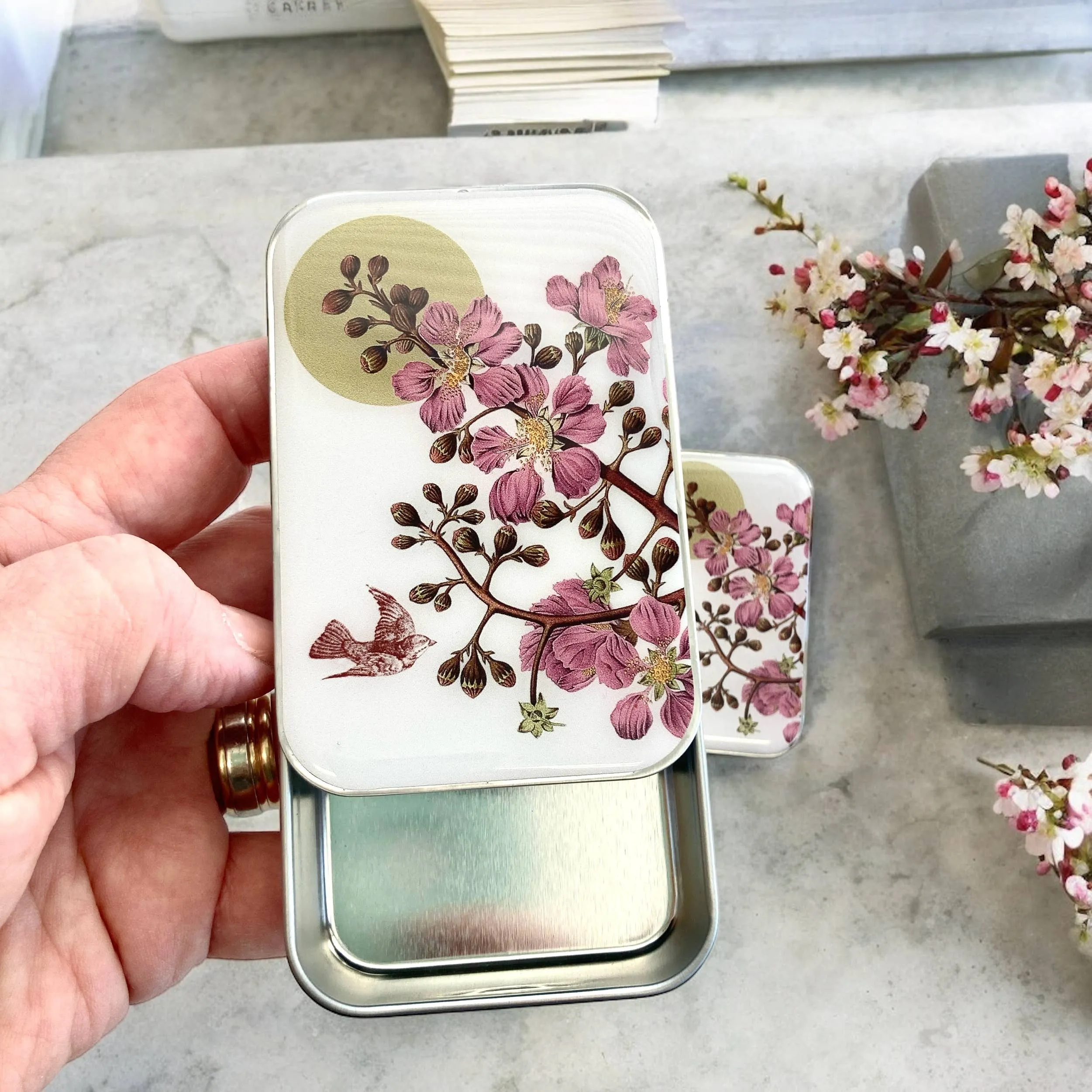 Cherry Blossom & Swallow Notions tin: Large