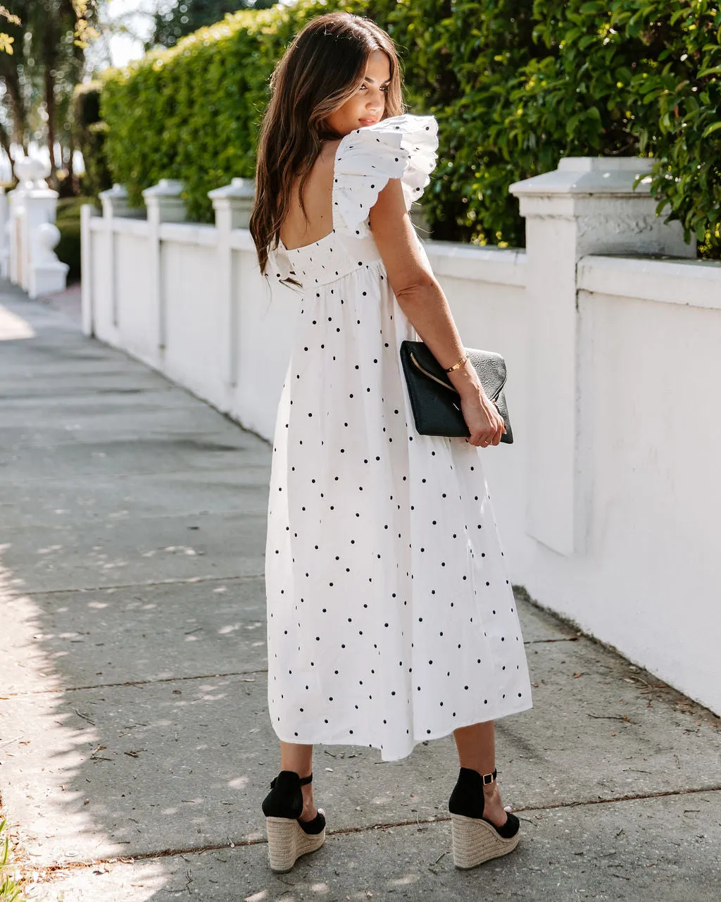 Edith Cotton Pocketed Polka Dot Midi Dress - White