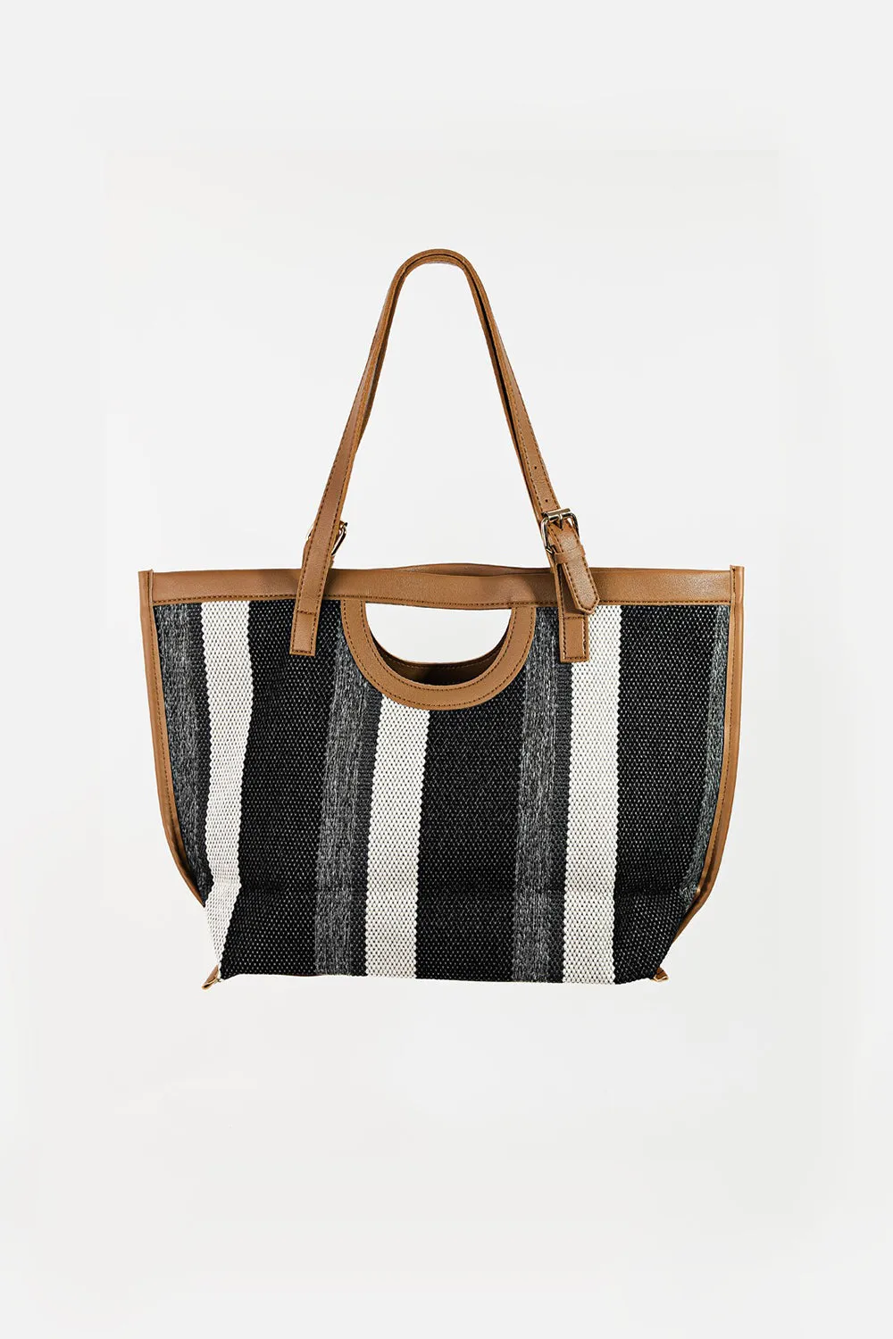 Fame Striped PU Leather Trim Tote Bag