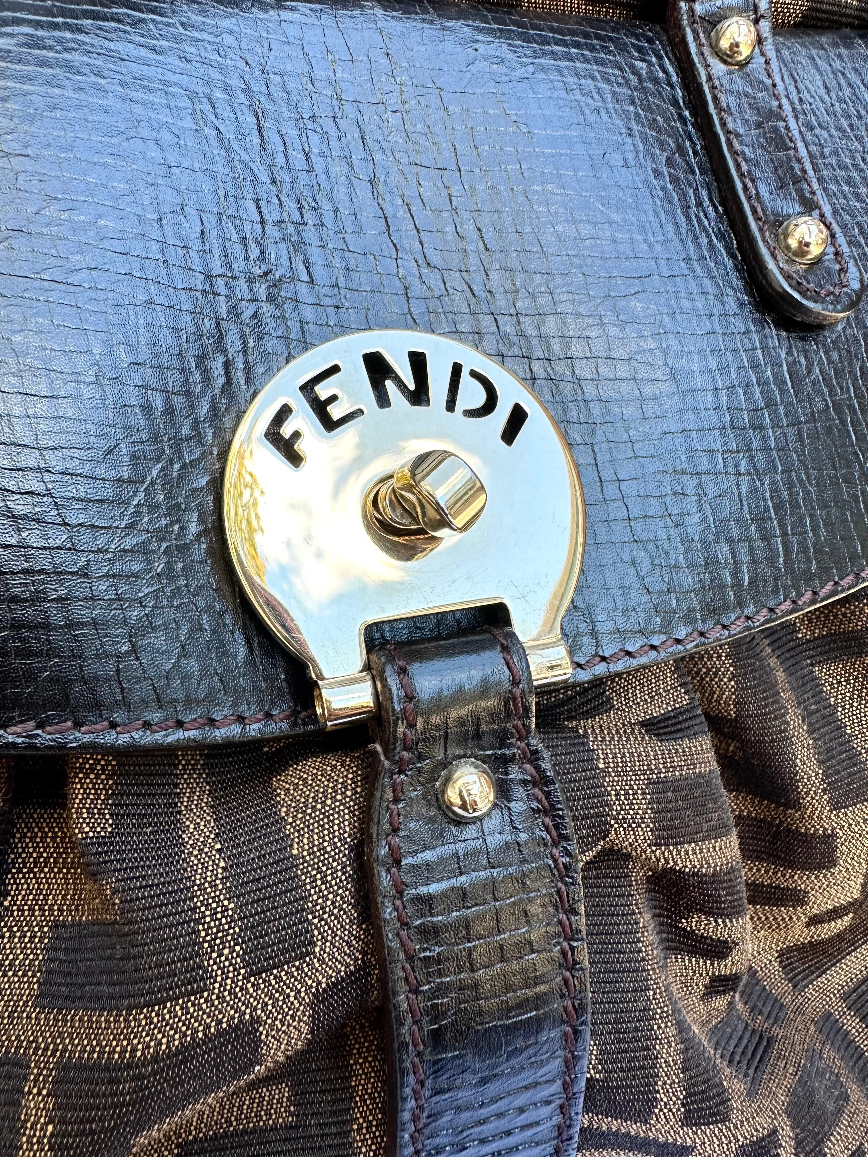 FENDI Zucca Print Canvas Leather Handle Bag