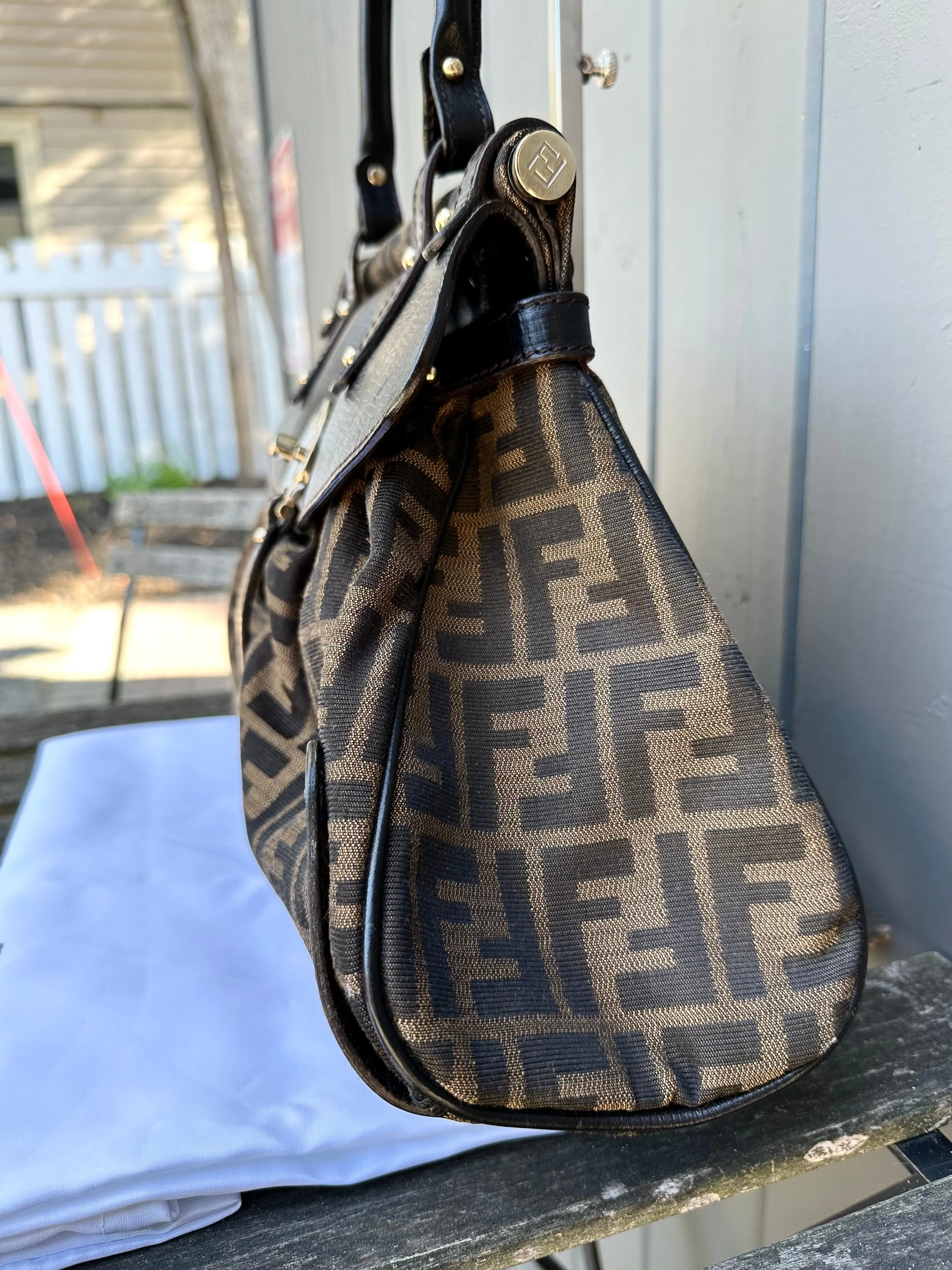 FENDI Zucca Print Canvas Leather Handle Bag