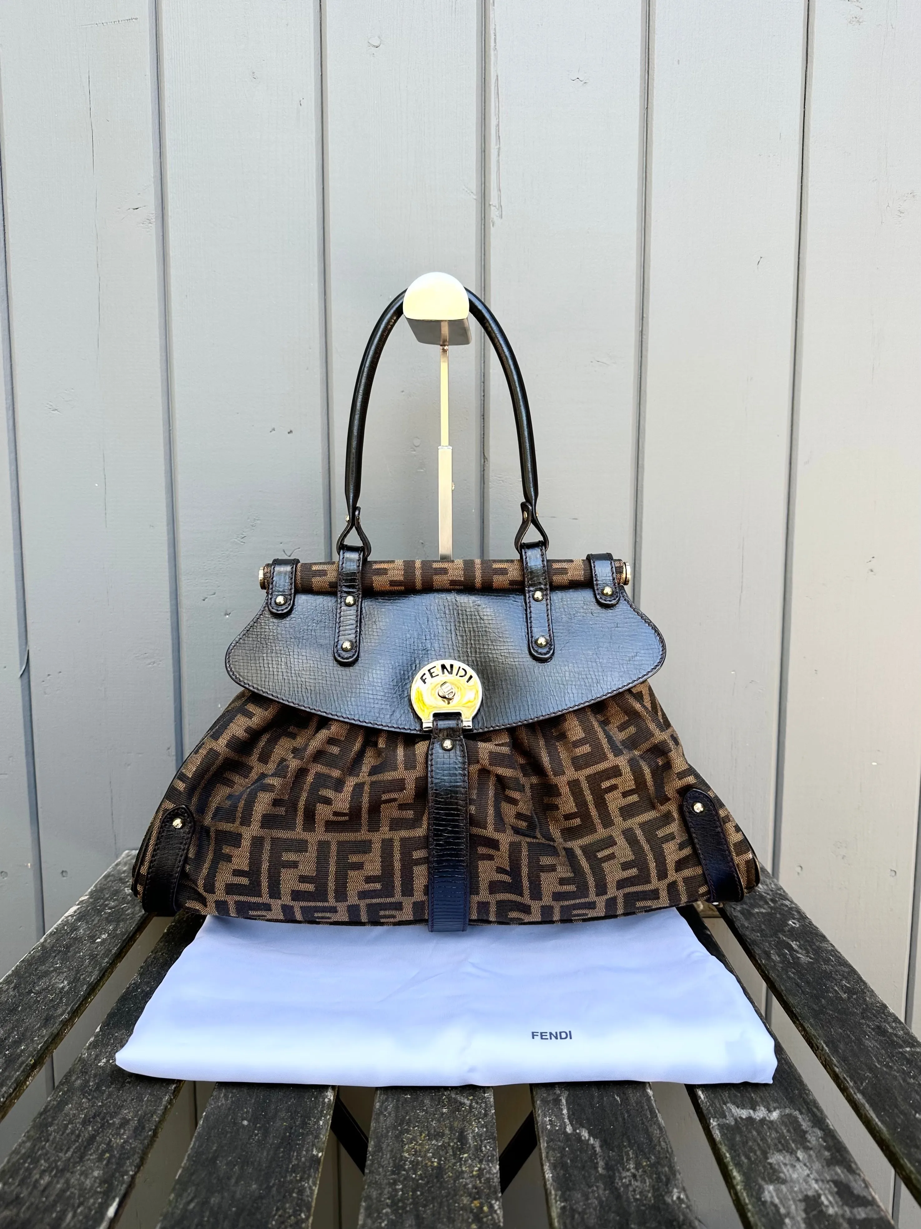 FENDI Zucca Print Canvas Leather Handle Bag