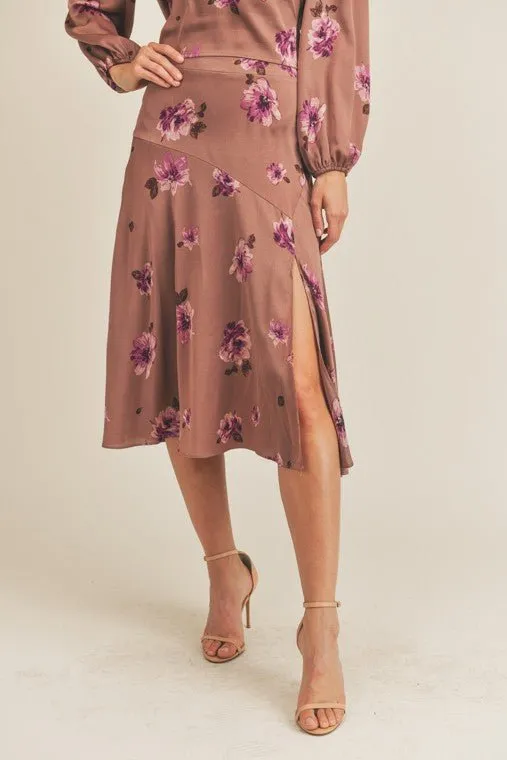 Floral Satin Midi Skirt