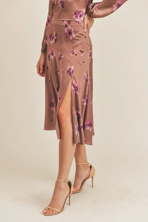 Floral Satin Midi Skirt