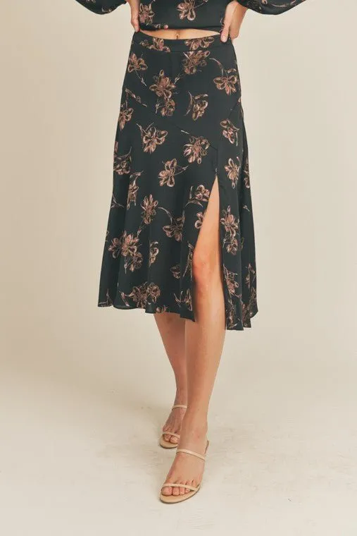 Floral Satin Midi Skirt