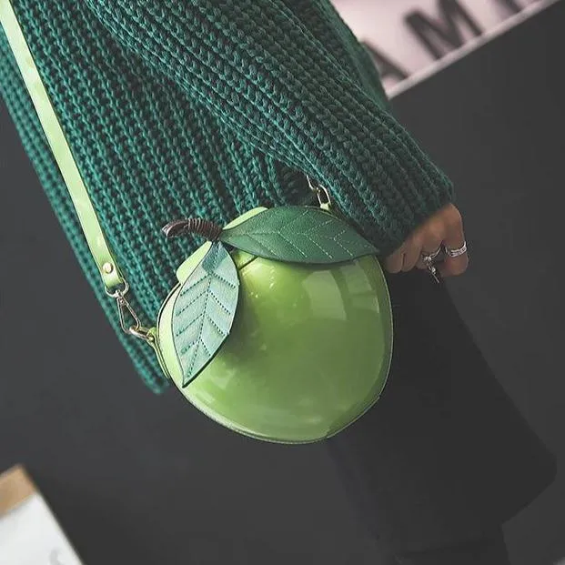 Giant Apple Crossbody Zipped Shoulder Bag PU Leather Kawaii Harajuku Cute Fun Fruit Handbag Red Green Woman Girl Apple Leaf