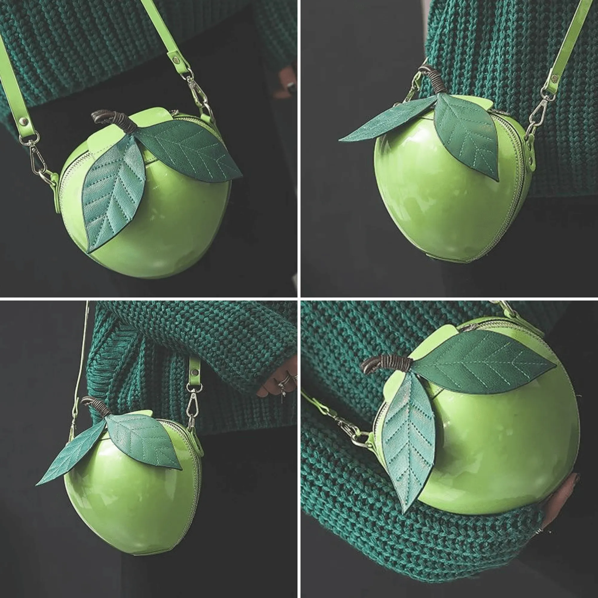 Giant Apple Crossbody Zipped Shoulder Bag PU Leather Kawaii Harajuku Cute Fun Fruit Handbag Red Green Woman Girl Apple Leaf