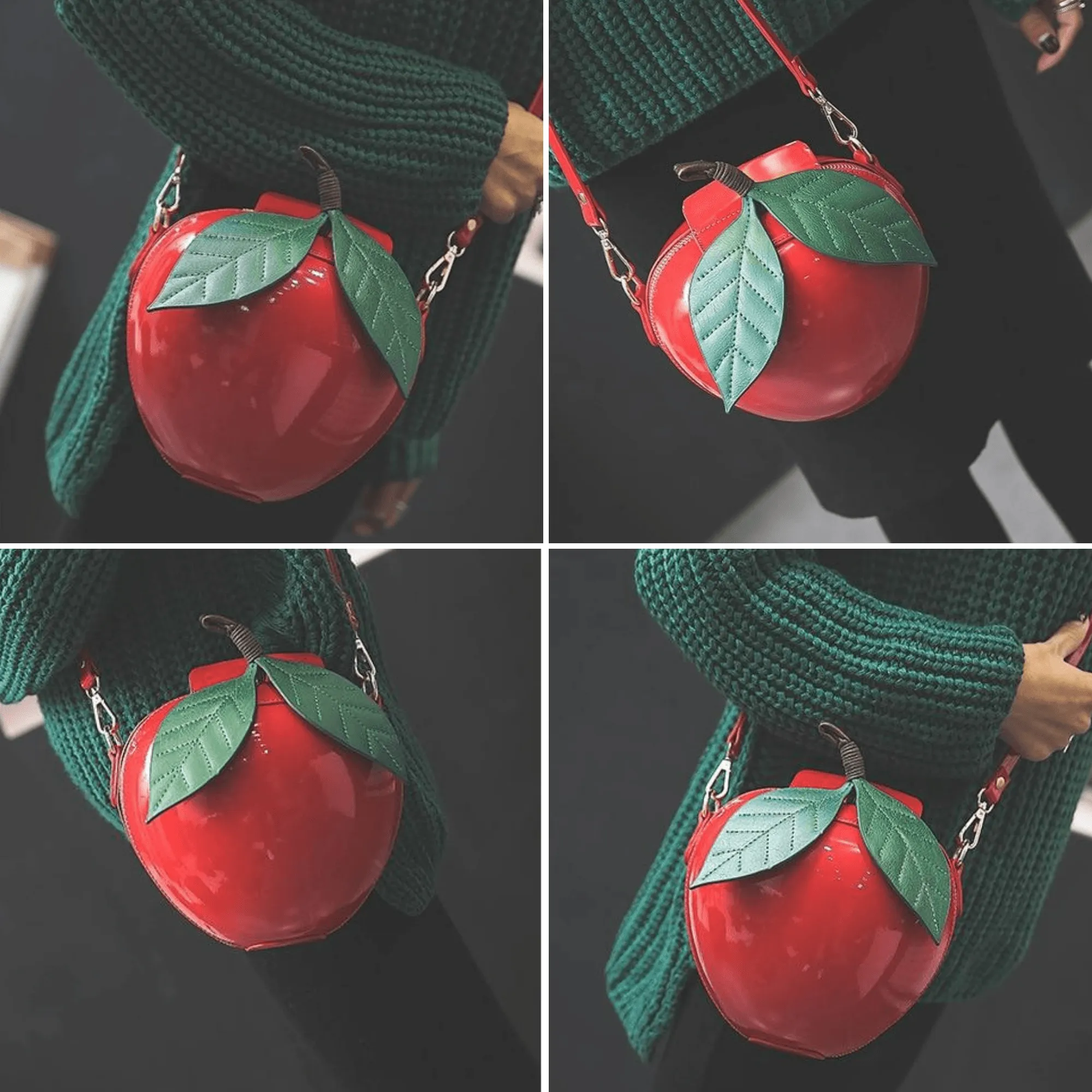 Giant Apple Crossbody Zipped Shoulder Bag PU Leather Kawaii Harajuku Cute Fun Fruit Handbag Red Green Woman Girl Apple Leaf