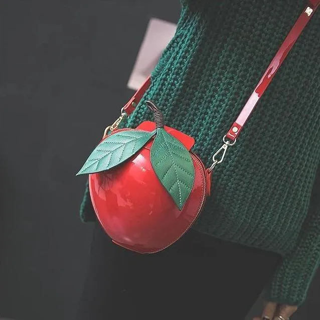 Giant Apple Crossbody Zipped Shoulder Bag PU Leather Kawaii Harajuku Cute Fun Fruit Handbag Red Green Woman Girl Apple Leaf